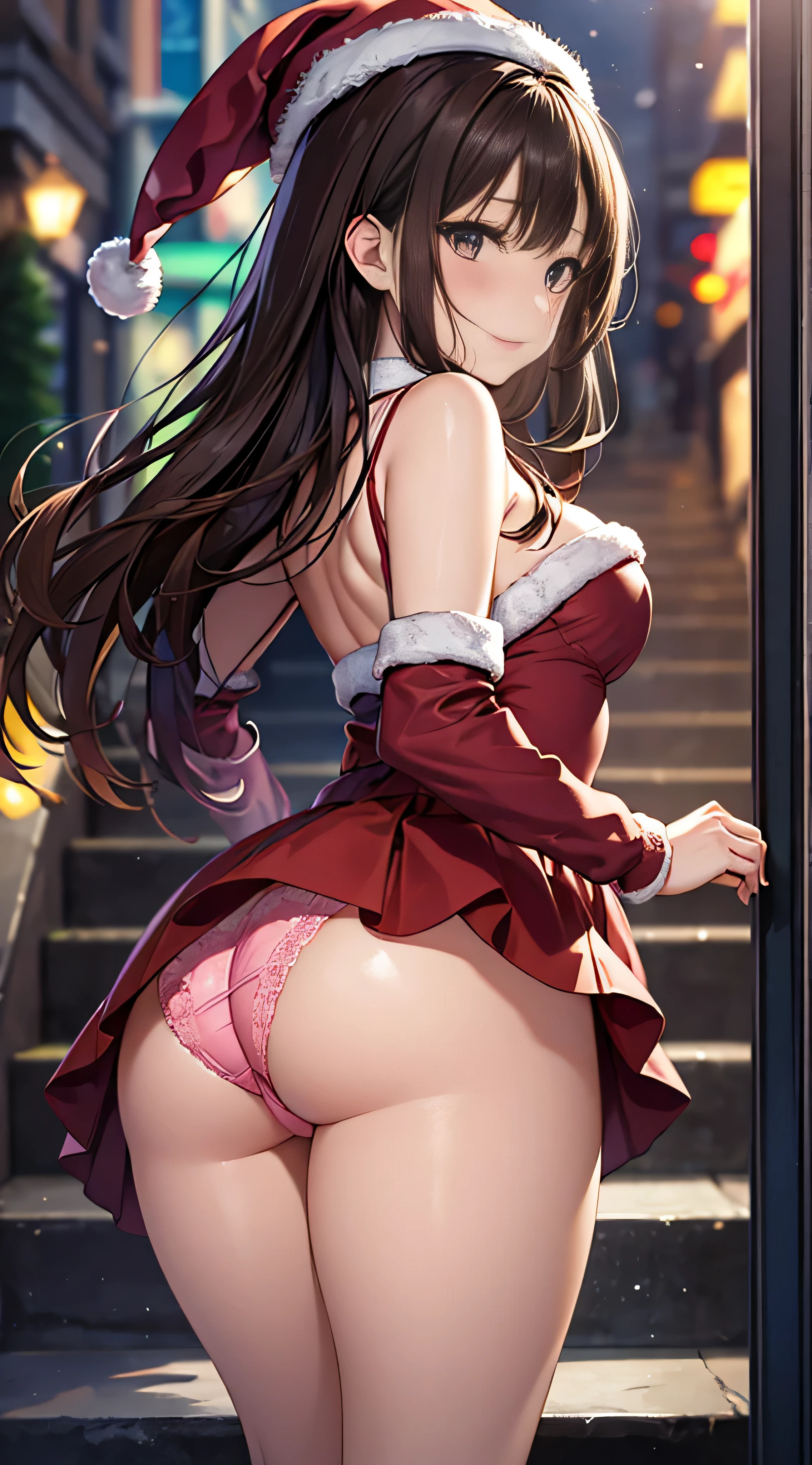 ((masutepiece, Best Quality, hight resolution, nffsw, Perfect Pixel, 4K, nffsw, nffsw))), 1girl in, Single, Solo, Beautie、full body seen、 ((Medium length wavy hair, Bangs, Brown hair)), ((Brown-eyed, Beautiful eyelashes, Realistic eyes)), ((Detailed face, Blushing:1.2)), ((Smooth texture:0.75, Realistic texture:0.65, Photorealistic:1.1, Anime CG style)), medium breasts, Dynamic Angle, Perfect body, (Santa Claus Costume、Red knitted hat、Red off-the-shoulder sweater、Long flared skirt)), Christmas Lights、Looking up from the bottom of the stairs、Very embarrassing panic smile、Open your mouth and make a surprised face、 turned around、bending forward、(The wind flipped my skirt and exposed my butt....................................................、stick out your butt、Touching the buttocks with both hands、Pink lace panties)、