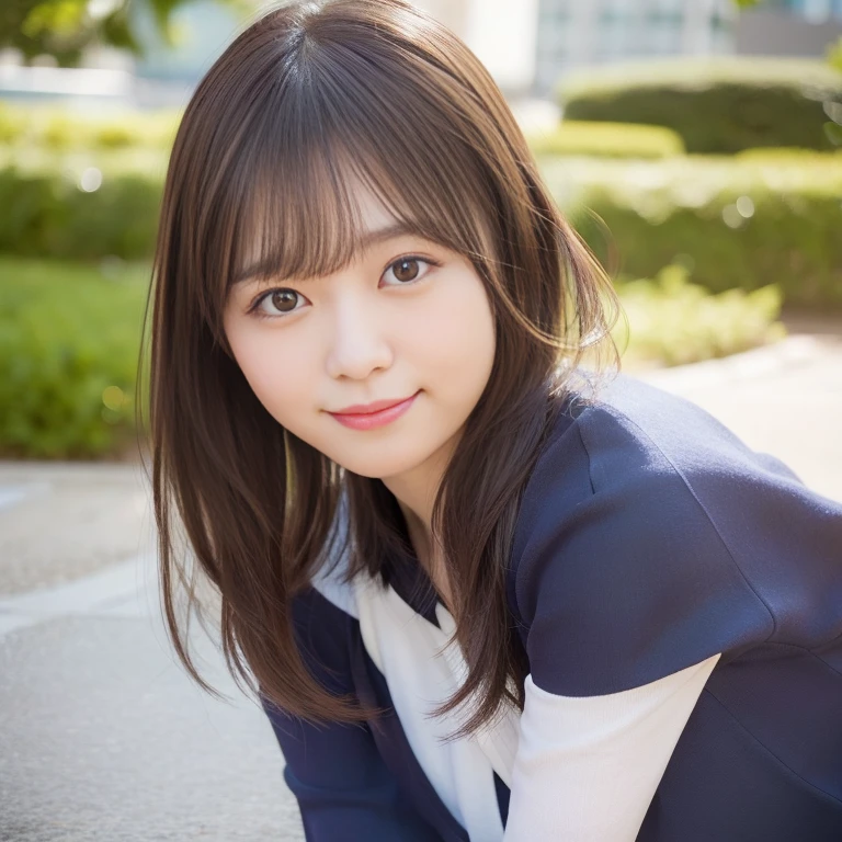8kRaw photo,Best Quality, top-quality:1.1, masterpiece:1.3,超A high resolution, (Photorealistic:1.4), Raw photo, (upper thigh:1.5, From Side), natural skin textures:1.1, realistic eyes and face details:1.1, Fururi Poke:1.4), (in a suite), Girl in 1, Cute, (Solo:1.6), (Shy smile), (dark brown eyebrows medium hair,Bangs), (touch hair:1.4),nogizaka,a park,Suit Lebodies Bian、:1.4、Officelady:1.2