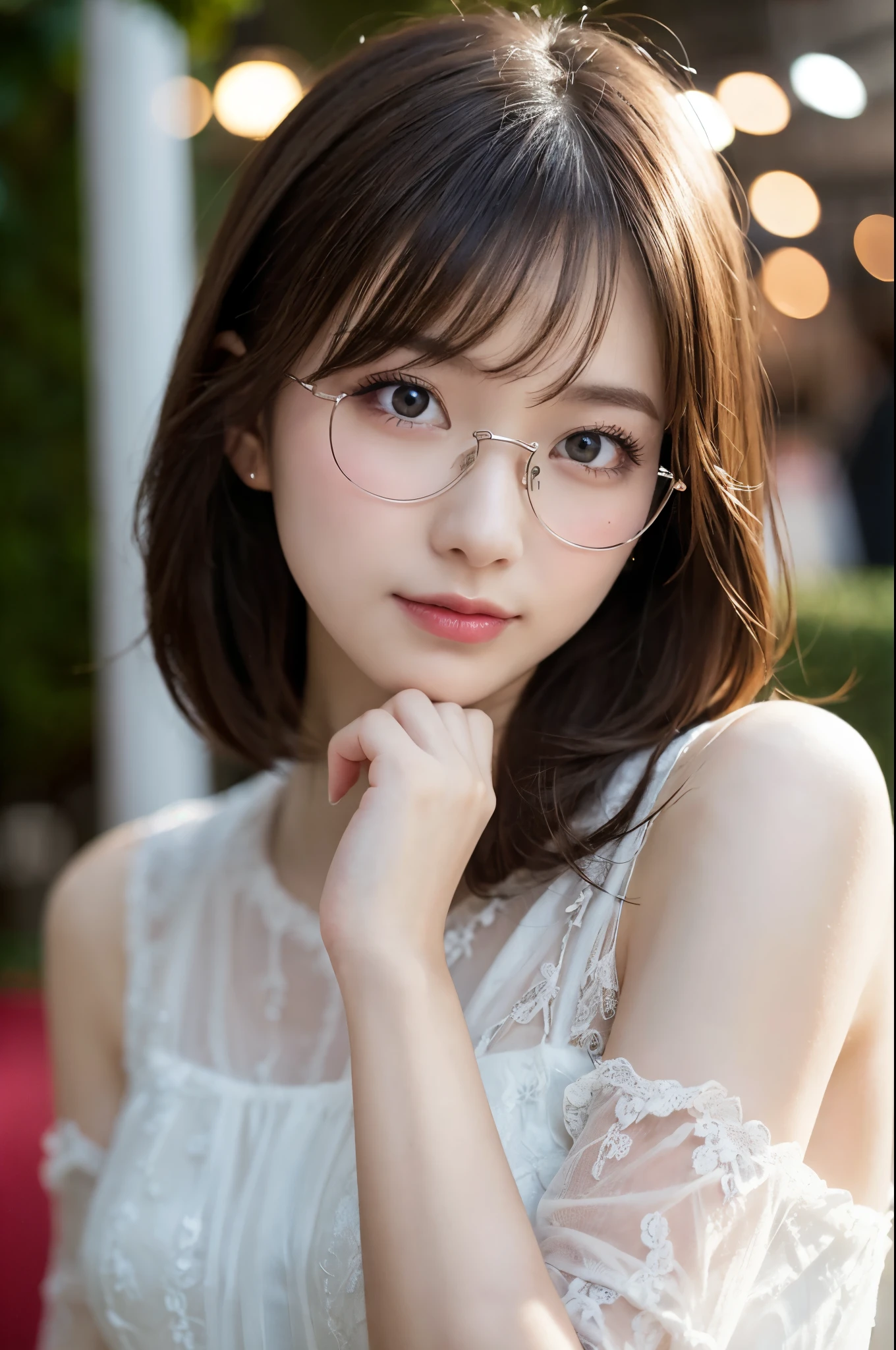 ulzzang -6500-v1.1, (Raw photo:1.2), (Photorealsitic), (See-through:1.3), (Real:1.4), １Girl in glasses、22year old、game_nffsw,  Round glasses(eye detailed), Smile of shame、(elegant long dress:1.3),  (Ultra-realistic pantyhose:1.2),  Turn around at the party venue、huge filesize, hight resolution, ighly detailed, top-quality, [​masterpiece:1.6], illustratio, ighly detailed, nffsw, finely detail, top-quality, 8k wallpaper, Cinematographic lighting, cute droopy eyes beautiful big eyes、Pieckfinger, ((masutepiece)), Best Quality, 1girl in, eye shadow, realistic skin textures、shinny skin、Exposed thighs!!! , make - up、