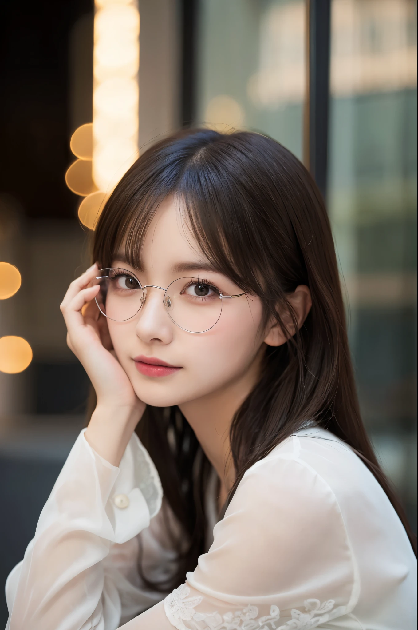 ulzzang -6500-v1.1, (Raw photo:1.2), (Photorealsitic), (See-through:1.3), (Real:1.4), １Girl in glasses、22year old、game_nffsw,  Round glasses(eye detailed), Smile of shame、(elegant long dress:1.3),  (Ultra-realistic pantyhose:1.2),  Turn around at the party venue、huge filesize, hight resolution, ighly detailed, top-quality, [​masterpiece:1.6], illustratio, ighly detailed, nffsw, finely detail, top-quality, 8k wallpaper, Cinematographic lighting, cute droopy eyes beautiful big eyes、Pieckfinger, ((masutepiece)), Best Quality, 1girl in, eye shadow, realistic skin textures、shinny skin、Exposed thighs!!! , make - up、