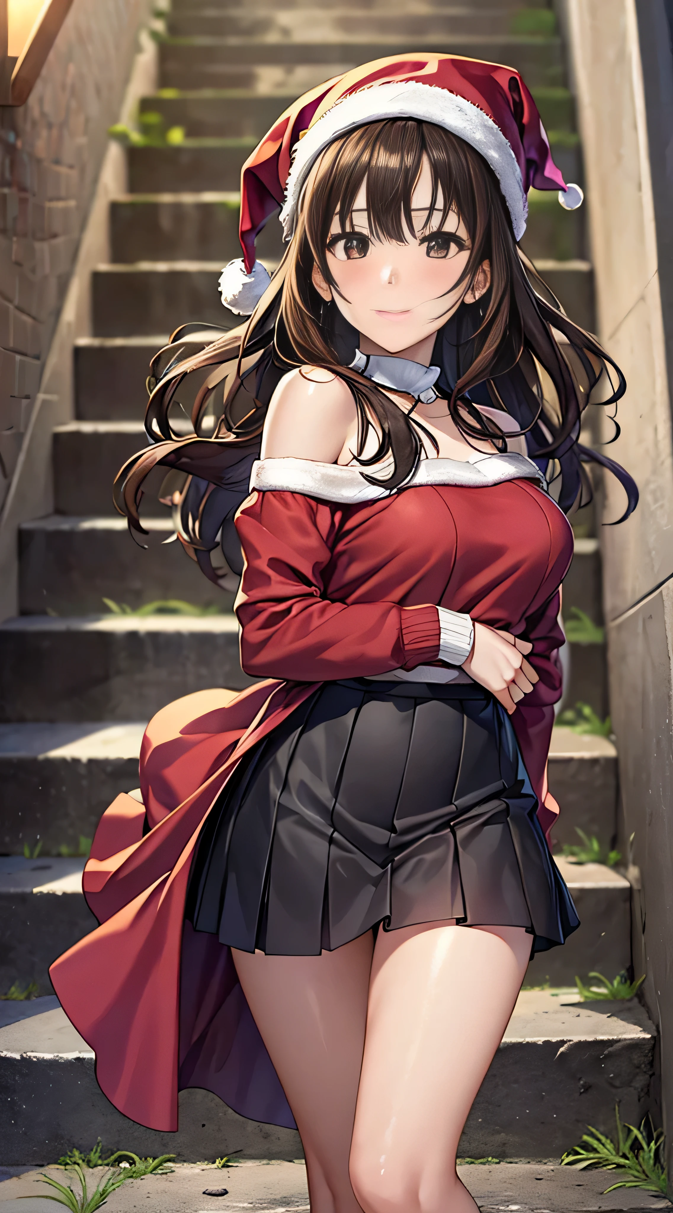 ((masutepiece, Best Quality, hight resolution, nffsw, Perfect Pixel, 4K, nffsw, nffsw))), 1girl in, Single, Solo, Beautie、full body seen、 ((Medium length wavy hair, Bangs, Brown hair)), ((Brown-eyed, Beautiful eyelashes, Realistic eyes)), ((Detailed face, Blushing:1.2)), ((Smooth texture:0.75, Realistic texture:0.65, Photorealistic:1.1, Anime CG style)), medium breasts, Dynamic Angle, Perfect body, (Santa Claus Costume、Red knitted hat、Red off-the-shoulder sweater、Long flared skirt)), Christmas Lights、Looking up from the bottom of the stairs、Very embarrassing panic smile、Open your mouth and make a surprised face、 turned around、bending forward、(The wind flipped my skirt and exposed my butt....................................................、stick out your butt、Touching the buttocks with both hands、Pink lace panties)、