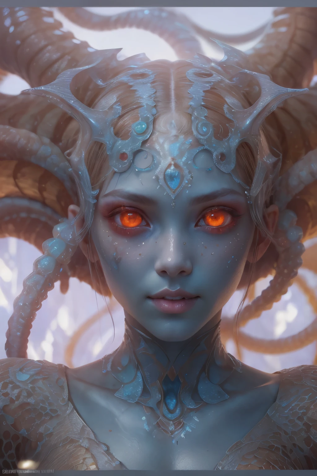 Portrait, (beautiful female alien:1.2),  (There is a female genital-like organ in the middle of the forehead:1.8), (The most beautiful face in the history of the universe:1.2), (scarlet eyes:1.6), (Translucent skin:1.8), an evil gaze that seduces , (red eyes:1.5), Full body like, (sexypose:1.5), alien, No humans, cells are fused, (Lots of translucent tentacles:1.1) (Translucent skin:1.3), extraterrestrial, cell, bio image, 魅惑的, Best Quality, 8K,4K_quality, high definition, Dramatic Lighting, masutepiece:1.5,cinematic quality, detail up, (Intricate details:1.2), high resolution, High Definition, drawing faithfully, (Thick eyebrows:1.2), Beautiful eyes with fine symmetry, (Ultra detailed eyes:1.2),(Highly detailed face and eyes:1.2), (High-resolution red-eye:1.4), Intimate face, (Super detailed skin quality feeling:1.4), Perfect Anatomy,  (Beautiful toned body:1.5),  (Moist skin:1.2), No makeup, (dark circles:1.1), long canines, cinematic drawing of characters, ultra high quality model, cinematic quality, detail up, (Intricate details:1.2), high resolution, High Definition, drawing faithfully, Official art, Unity 8K wall  , 8K Portrait, Best Quality, Very high resolution, ultra detailed artistic photography, midnight aura,  unreal engine 5, Ultra Sharp Focus, art by alberto seveso, ArtGerm, Roisch, intricate artwork, Medusa, best quality, masterpiece, ultra high resolution, (photos realistic：1.4), Ultra-realistic realism, dream-like,  nautilus, Creation of fantasy, Snail, Dream Snail,  biopunk nautilus, thrilling color schemes， Ultra-realistic realism， seductively smiling, blue tentacles