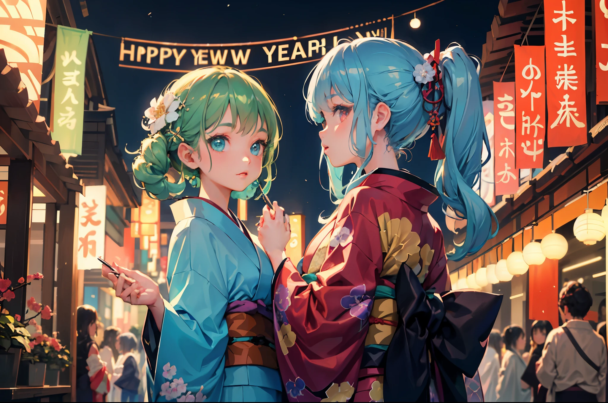 (masterpiece:1.2, best quality), (intricate details, depth of field), (2girls:1.2), highly-detailed, perfect face, (skindentation), turquoise hairs, cyan eyes, (kimono:1.2), (new year)