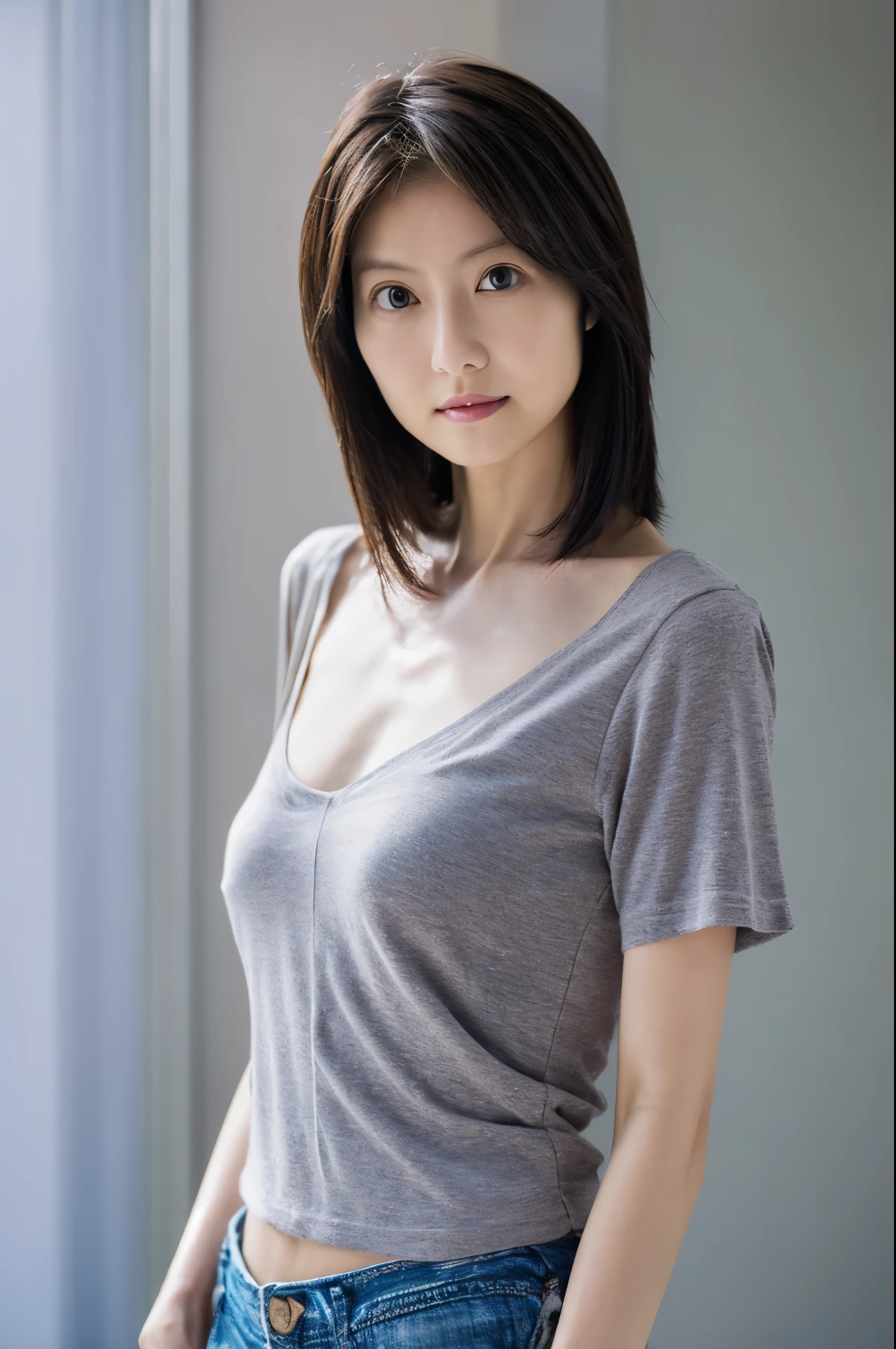 (High reality photograph, high resolusion, detailed face, detailed eyes) Skinny Japanese lady, 40 years old, various face expression, solo:1, skinny figure, small breasts, very thin waist, various hair style, various photo angle, casual clothes, full-body photo