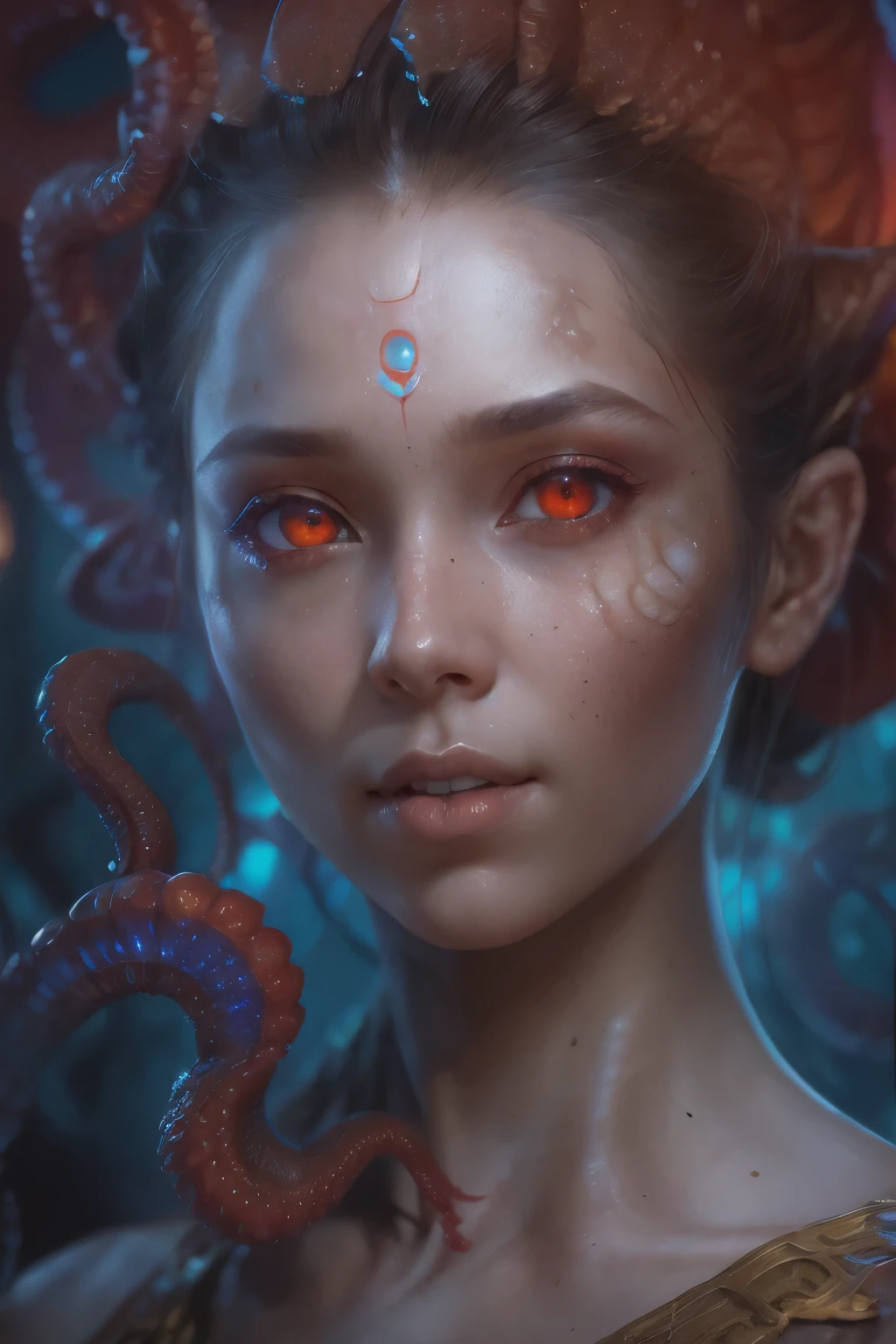 Portrait, (beautiful female alien:1.2), (There is a female genital-like organ in the middle of the forehead:1.8), (The most beautiful face in the history of the universe:1.2), (scarlet eyes:1.6), (Translucent skin:1.8), an evil gaze that seduces , (red eyes:1.5), Full body like, (sexypose:1.5), alien, No humans, cells are fused, (Lots of translucent tentacles:1.1) (Translucent skin:1.3), extraterrestrial, cell, bio image, 魅惑的, Best Quality, 8K,4K_quality, high definition, Dramatic Lighting, masutepiece:1.5,cinematic quality, detail up, (Intricate details:1.2), high resolution, High Definition, drawing faithfully, (Thick eyebrows:1.2), Beautiful eyes with fine symmetry, (Ultra detailed eyes:1.2),(Highly detailed face and eyes:1.2), (High-resolution red-eye:1.4), Intimate face, (Super detailed skin quality feeling:1.4), Perfect Anatomy, (Beautiful toned body:1.5), (Moist skin:1.2), No makeup, (dark circles:1.1), long canines, cinematic drawing of characters, ultra high quality model, cinematic quality, detail up, (Intricate details:1.2), high resolution, High Definition, drawing faithfully, Official art, Unity 8K wall , 8K Portrait, Best Quality, Very high resolution, ultra detailed artistic photography, midnight aura, unreal engine 5, Ultra Sharp Focus, art by alberto seveso, ArtGerm, Roisch, intricate artwork, Medusa, best quality, masterpiece, ultra high resolution, (photos realistic:1.4), Ultra-realistic realism, dream-like, nautilus, Creation of fantasy, Snail, Dream Snail, biopunk nautilus, thrilling color schemes, Ultra-realistic realism, seductively smiling, blue tentacles