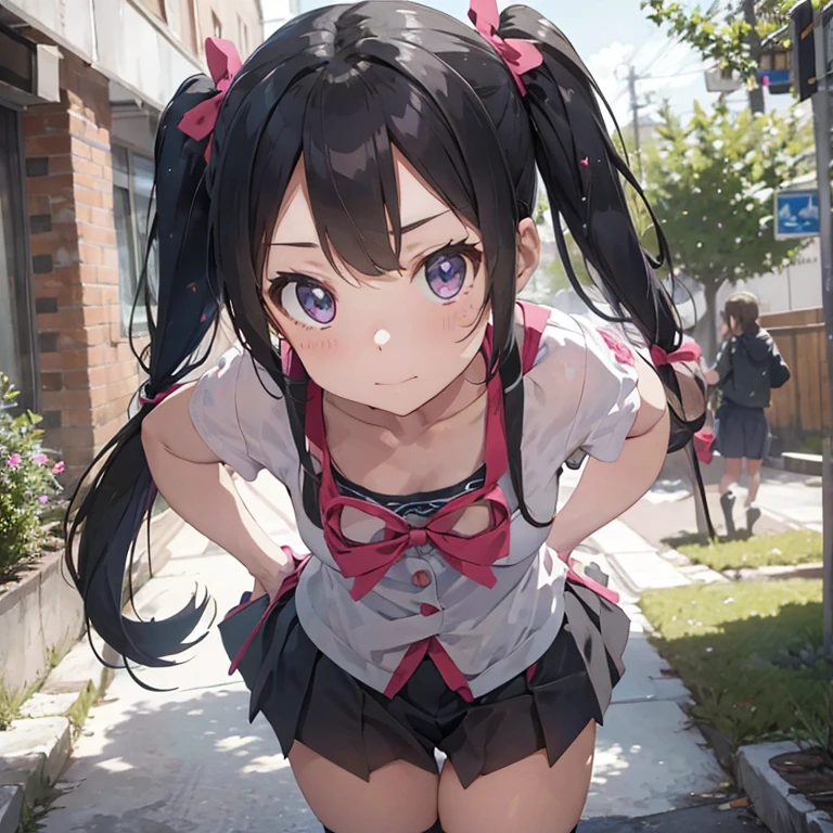 outside,crowd,(((The girl takes off her pants to her knees))),Take off your pants and pull them down to your knees,pull your pants down to your knees、((Showing underboob)),Revealing panties,Short hair in twin tails,Lace panties,Pink Panties,立ったままShowing underboob