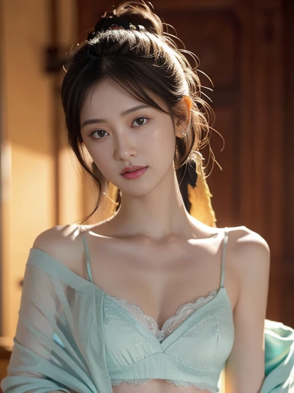 Bust photo, a beautiful woman, messy hair, girly, symmetrical bun, hair accessories, jewelry, delicate face, eye shadow, delicate cyan top, bare shoulders, navel, bare belly, Dunhuang style, a lot of streamers, delicate skin, soft light effects, delicate and smooth hair, delicate details, eye highlights, fair skin, fine portrayal, extreme details, cinematic quality, thin, slender, broken, hair details, thin bangs, shawl hair, correct body, shadows, air bangs, 8K, super detailed, Fine fabric texture, soft, supple, smooth texture, Dunhuang style, delicate pattern, correct hand painting, smile, tsurime, Surrealism, ray tracing, UHD, high details, super detail, highres, 8k, high quality, high details, textured skin, ccurate