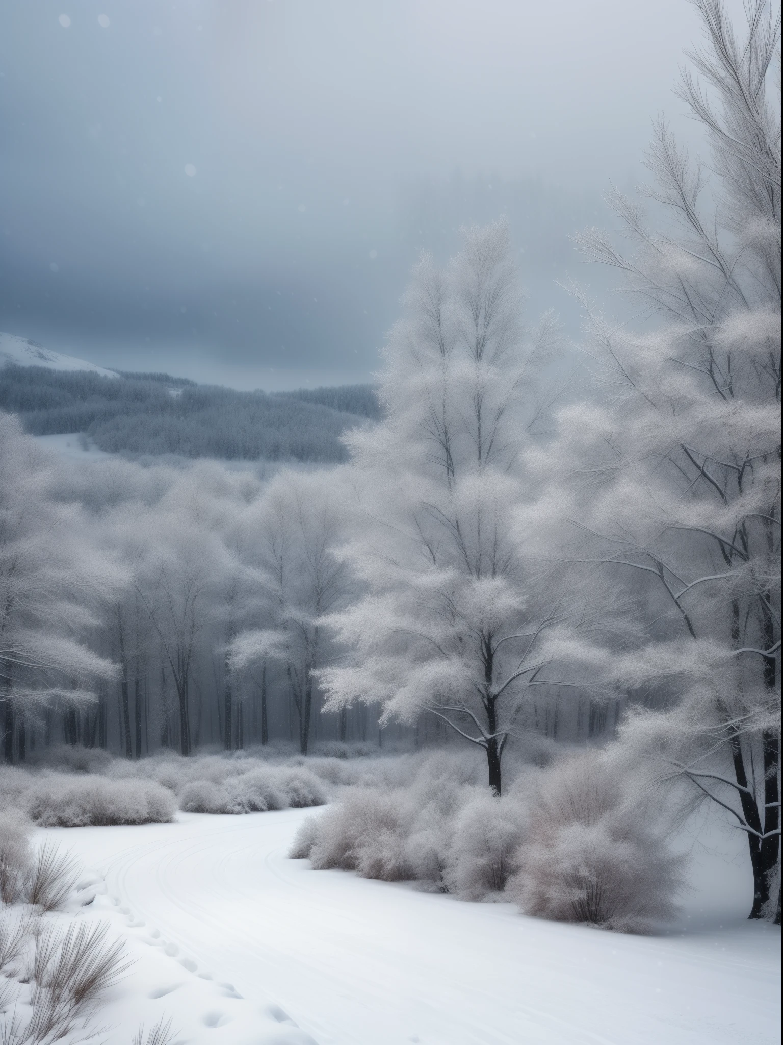 “(best quality,4k,8k,highres,masterpiece:1.2),vivid white snow,serene winter landscape,glistening snowflakes,elegant snow-covered trees,freshly fallen snow,peaceful snow-covered mountains,crisp winter air,soft snowdrifts,subtle shades of blue and gray,quiet winter solitude,calm and stillness,gentle snowfall,icy branches,sparkling winter wonderland,frosty landscape,inhale the coolness of winter,blurred snowflakes in motion,icy textures,realistic snow accumulation,soft powdery snow,ambient lighting,subtle shadows,water droplets on snowflakes."