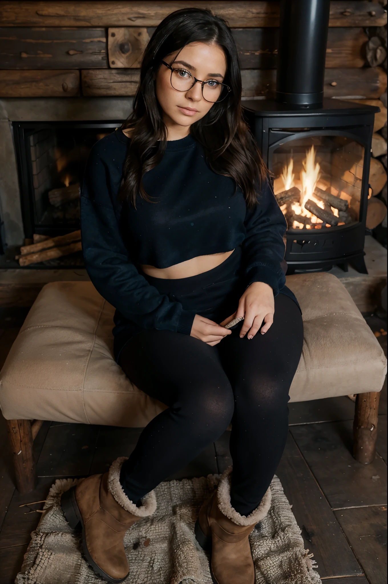 1woman, ombré black hair, beautiful blue eyes, freckled face, circle glasses, creame sweatshirt, seamless black leggings, fuzzy faux fur boots, ugg style boots, sitting on her knees, log cabin by fire place background, full body portrait, raw photo.