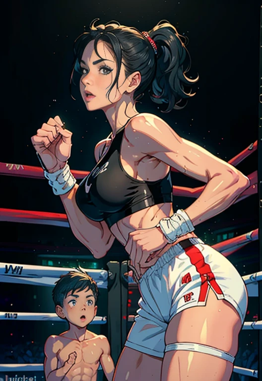 sexy MOM and Son couple having into the ring, (original) , mom busty and tall perfect legs perfect ass, (very detailed wallpaper) , (best quality) , (masterpiece) , photographic reality, realistic, very detailed illustrations, (1 MILF with 1 young boy having into the ring ) , beautiful eyes, (delicate faces) , perfect detail, (best lighting) , (super complex detailoxing girl with boxing boy) , sweat, heavy breathing , (boxing ring) , athletic sexy mini shorts on mom showing ass, male boxing shorts on boy, perfect detail, perfect fingers, perfect limbs, impact, (shiny skin) , abs, muscles, waistline,boxing shorts, fist fight, black hair, high ponytail, very long hair,
4K unified, (super detailed CG: 1.2) , (8K: 1.2) , realistic, octane rendering, sexy tall mom and smaller son fight training,topless mom