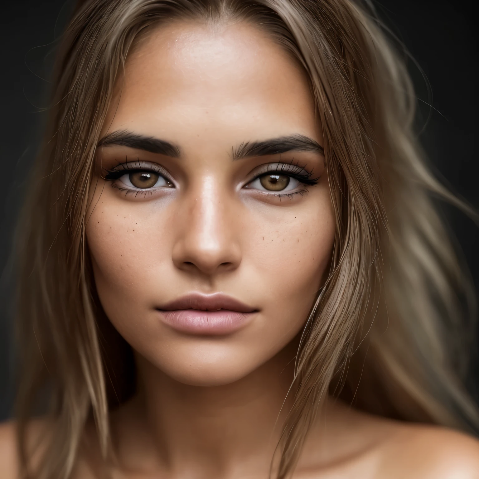 a photorealistic portrait of a stunningly beautiful tanned argentinian woman with light make-up, extremely detailed light honey eyes, detailed symmetric realistic face, extremely detailed natural texture, peach fuzz, windy long hair, masterpiece, absurdres, award winning photo by lee jeffries, nikon d850 film stock photograph, kodak portra 400 camera f1.6 lens, extremely detailed, amazing, fine detail, rich colors, hyper realistic lifelike texture, dramatic lighting, unrealengine, trending on artstation, cinestill 800 tungsten, looking at the viewer, photo realistic, RAW photo, TanvirTamim, high quality, highres, sharp focus, extremely detailed, cinematic lighting, 8k uhd,-imagine-