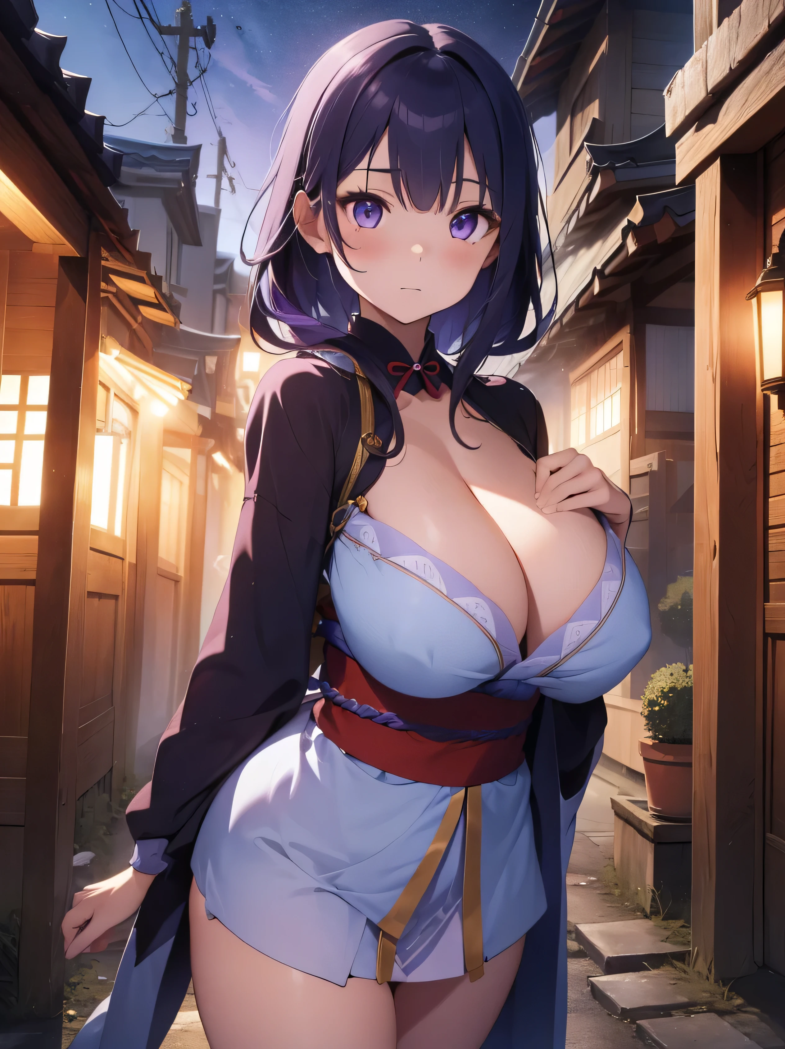 (Illustrations super fines:1.2),(masutepiece, 8k), (Best quality, High quality:1.4),(Masterpiece), Ultra - detailed, Ultra - detailed,Background to the masterpiece,beautiful detailed background, V8k wallpapers(Nuit:1.2),(dehors), (very detailed background), Purple lightning, meilleur_quality, 1 fille, ,beau_et_aesthetics:1.2), (1 femme:1.3), (fractale_art:1.3), (huge breasts), luz_reflection, (1 femme, Raiden Shogun,Raïdenshogundef, cheveux violets, ornements de cheveux, cheveux longs, braided ponytail, (((brassard, Purple Japanese clothing, manches larges, manches longues, cuisses, Kimono violet))), 1fille, seulement, (24 ans:1.5),beau doigt,Belles jambes longues,beau corps,Beau nez, Des yeux parfaits, visage parfait,(Beautiful detailed purple eyeemelle mature:1.1)),((MILF:1.1)), ((Huge massive breasts)), ((larges hancheimbo)), Raiden Shogun, cheveux violets, yeux violets, Des yeux brillants, Electric violet particles, cheveux longs, Elegant beautiful hands, jambes nues, cuisses parfaites, kimono, view from below, corps entier, (summon an electric katana between her breastreaks an electric katana from his chest, Cheveux publics, debout, Night background, Background to the Inazuma Temple,