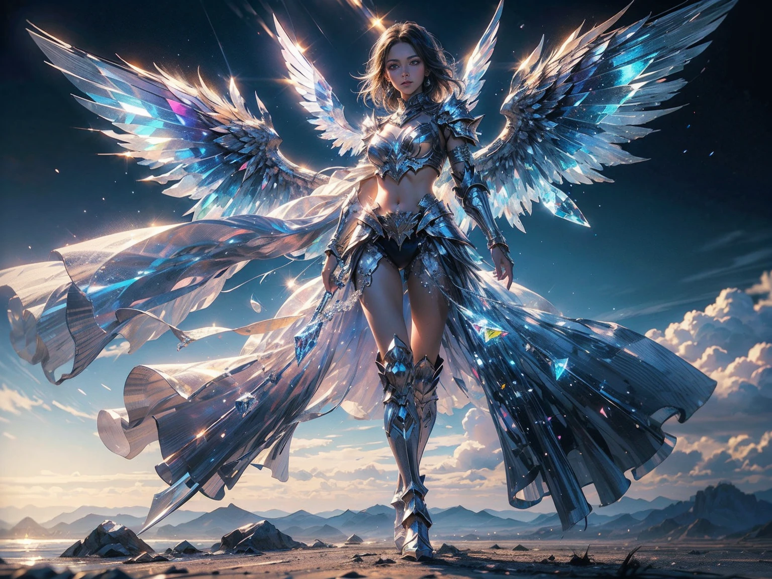 Girl in crystal Armor, crystal wings, crystal high boots, multi colour eyes, front view, vibrant colours, super detailed Armor, super detailed eyes, ultra detailed, wings, 14k, masterpiece, high resolution, super ultra colour detail, hyper detailed, HD,