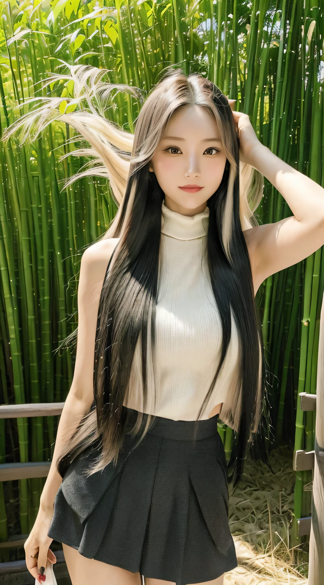 (Refreshing smile:1.5),(Look at viewers:1.1）,（hide one's hands:2.0）,(Beautiful Japan Woman）,（straight haired, Long hair, strong wind in the hair:1.5), （ High neck sleeveless ,Black tight skirt:1.5), （high-heels;1.3), detailed  clothes, (Perfect female body), (Narrow waist:1.5), (Bust Up Portrait:1.3), Dynamic Pose, Cinematic Light, bamboo forrest,135 mm, NIKON,