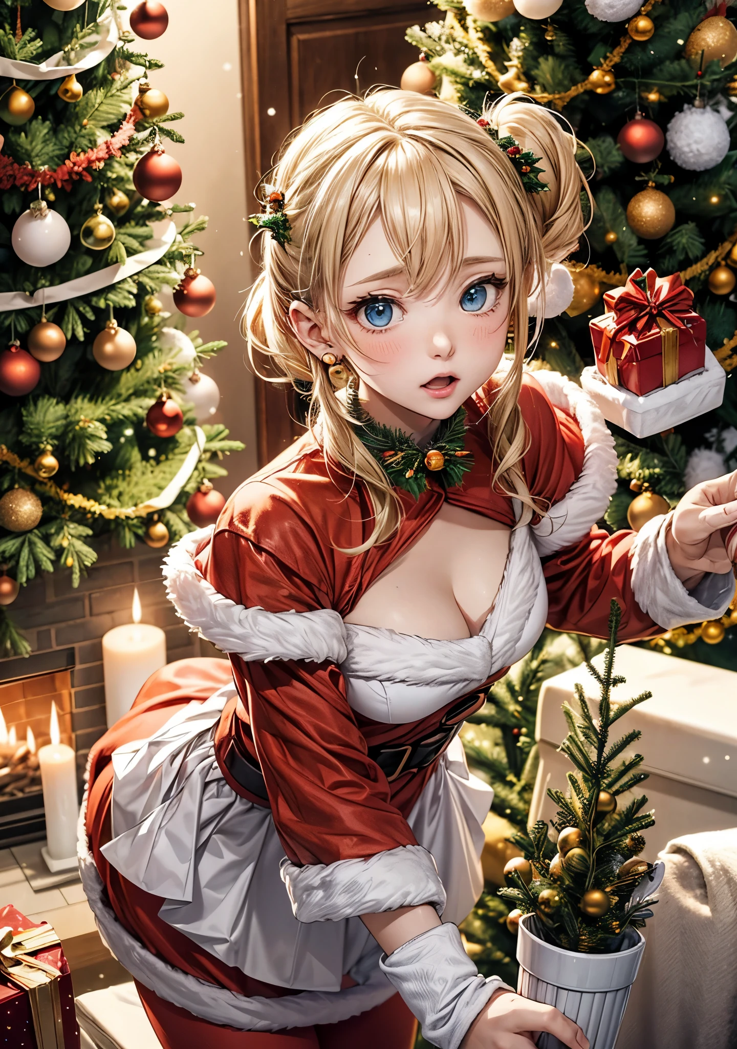 absurderes, ultra-detailliert,bright colour, Short hair,(Blonde hair with fluffy short twintails:1.2)Shiny hair,(embarassed face:1.3),(Christmas tree:1.3),(Christmas Decorations:1.3),Delicate beautiful face, red blush、(Deep Blue Eyes:1.3), White skin, hair clips, earrings, a necklace,There'What I really want for Christmas this year,bright red, Not a diamond wrapped in a bong,you gave me the most important thing,In front of the fir tree and fireplace,Small cakes,Light a candle,Merry Christmas spent just the two of us,before I met you, I swore I would never fall in love again.,The feeling of believing will someday be covered with a black core,Santa Claus in a dream,I pray to God,
Please give me someone more important than glitter,So that I can always overcome deep sadness with you.,Light a candle
2人だけで祈るMerry Christmas,