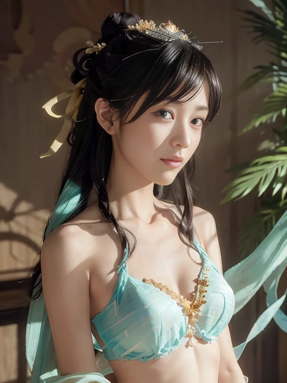 Bust photo, a beautiful woman, messy hair, girly, symmetrical bun, hair accessories, jewelry, delicate face, eye shadow, delicate cyan top, bare shoulders, navel, bare belly, Dunhuang style, a lot of streamers, delicate skin, soft light effects, delicate and smooth hair, delicate details, eye highlights, fair skin, fine portrayal, extreme details, cinematic quality, thin, slender, broken, hair details, thin bangs, shawl hair, correct body, shadows, air bangs, 8K, super detailed, Fine fabric texture, soft, supple, smooth texture, Dunhuang style, delicate pattern, correct hand painting, smile, tsurime, Surrealism, ray tracing, UHD, high details, super detail, highres, 8k, high quality, high details, textured skin, ccurate