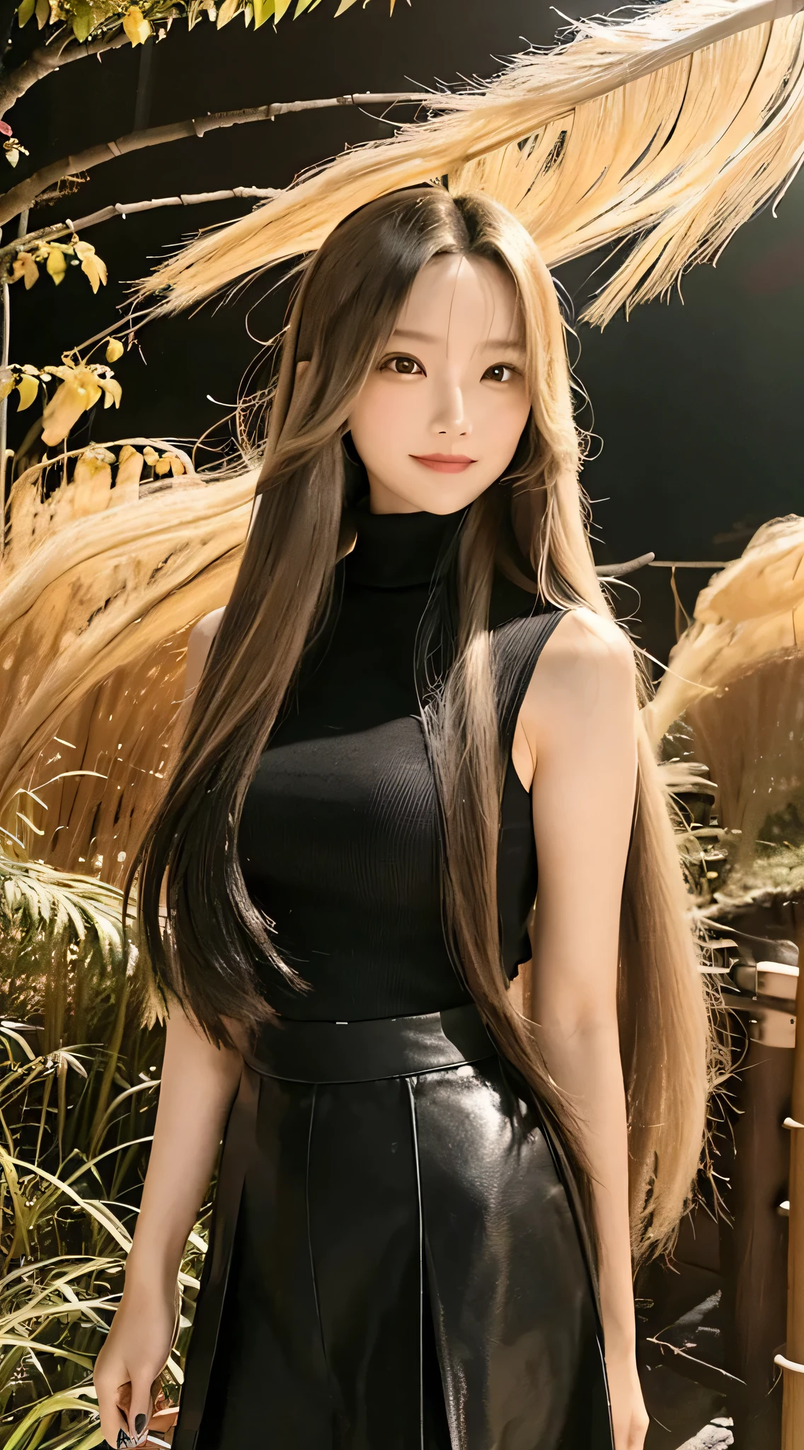 (Refreshing smile:1.5),(Look at viewers:1.1),(hide one's hands:2.0),(Beautiful Japan Woman),(straight haired, Long hair, strong wind in the hair:1.5), ( High neck sleeveless ,Black tight skirt:1.5), (high-heels;1.3), detailed clothes, (Perfect female body), (Narrow waist:1.5), (Bust Up Portrait:1.3), Dynamic Pose, Cinematic Light, bamboo forrest,135 mm, NIKON,