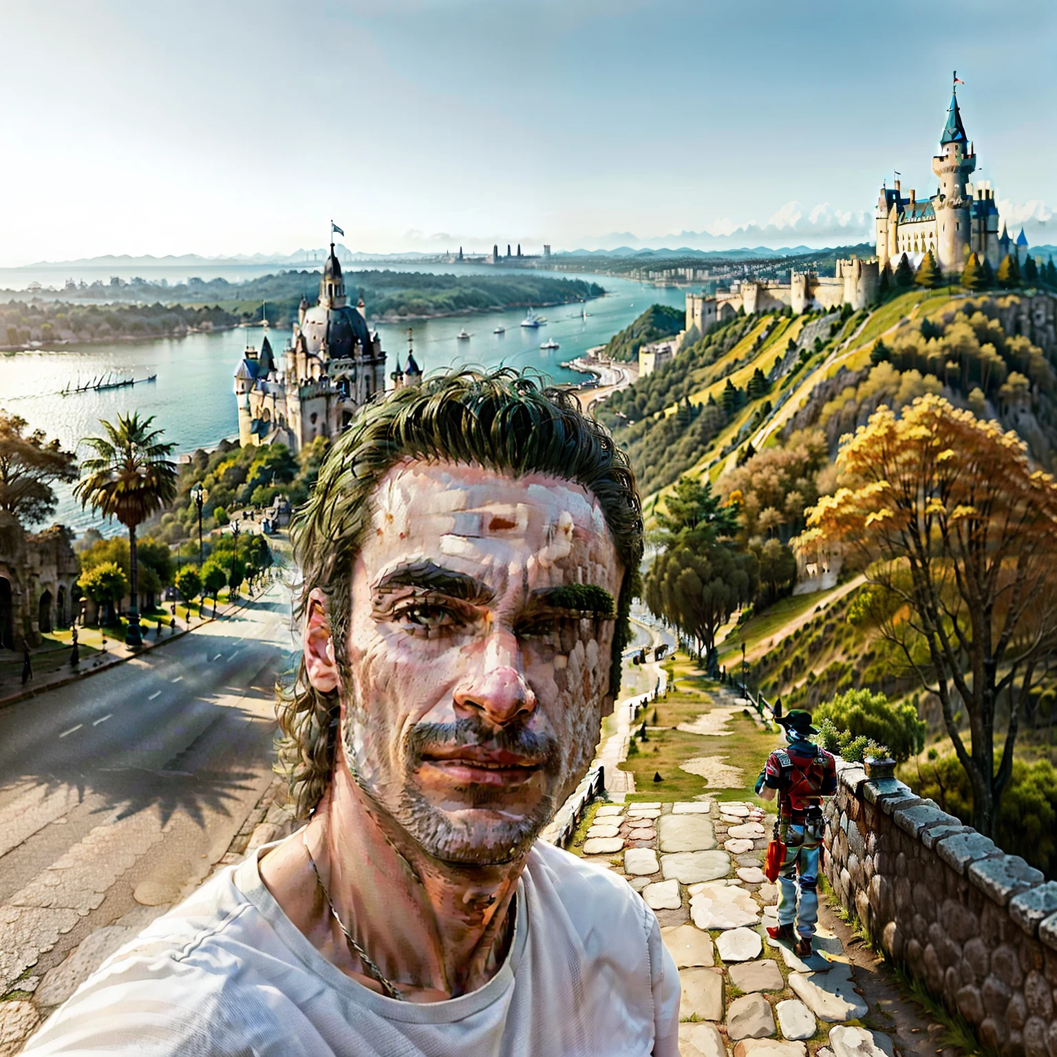 Homem de Arafed  fisico atletico tirando (olhar magnetico) uma selfie  em frente a um castelo, with a Castelo no fundo, iluminado pelo sol dourado,  ( Castelo no fundo ), standing near a castle, Castelo no fundo, with castle in the distance, com uma cidade em segundo plano, Michal, com um parque ao fundo, Castelo no fundo, com montanhas ao fundo, caio santos