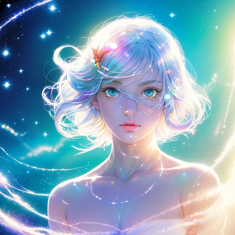 perfect masterpiece,Highest Quality,Perfect Artwork,8K,
Upper body portrait of Renron:1.5),Delicate face,Face Close-up,
Mermaid Girl,strangely shining transparent eyes,Magic Transparent Eyes,star eyes,White hair,Holographic Phantom Background,(Symmetrical composition:1.5),
Digital Art,Airplane illustration,colorful illustration,Minimalist style,MerryXmas,Xmas