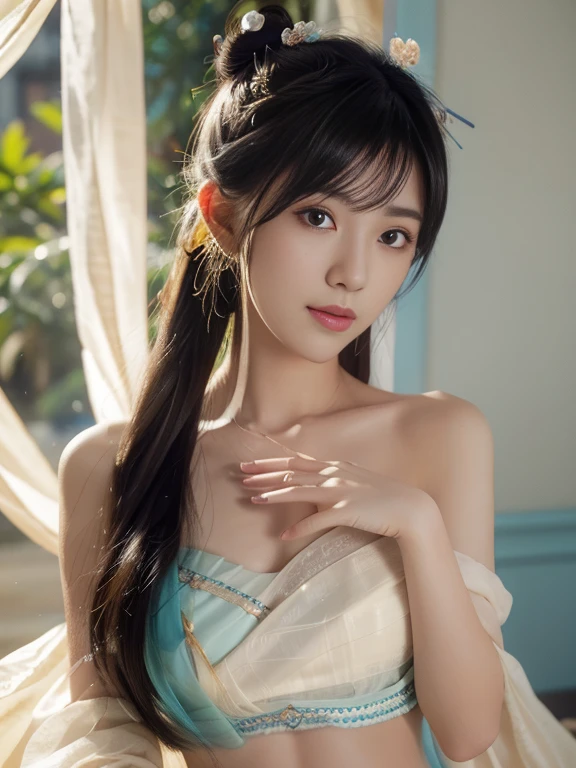 Bust photo, a beautiful woman, messy hair, girly, symmetrical bun, hair accessories, jewelry, delicate face, eye shadow, delicate cyan top, bare shoulders, navel, bare belly, Dunhuang style, a lot of streamers, delicate skin, soft light effects, delicate and smooth hair, delicate details, eye highlights, fair skin, fine portrayal, extreme details, cinematic quality, thin, slender, broken, hair details, thin bangs, shawl hair, correct body, shadows, air bangs, 8K, super detailed, Fine fabric texture, soft, supple, smooth texture, Dunhuang style, delicate pattern, correct hand painting, smile, tsurime, Surrealism, ray tracing, UHD, high details, super detail, highres, 8k, high quality, high details, textured skin, ccurate