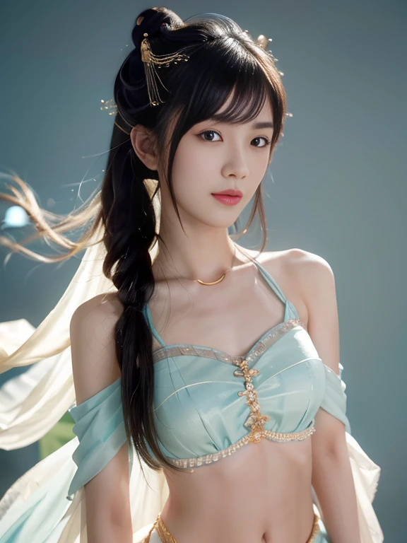 Bust photo, a beautiful woman, messy hair, girly, symmetrical bun, hair accessories, jewelry, delicate face, eye shadow, delicate cyan top, bare shoulders, navel, bare belly, Dunhuang style, a lot of streamers, delicate skin, soft light effects, delicate and smooth hair, delicate details, eye highlights, fair skin, fine portrayal, extreme details, cinematic quality, thin, slender, broken, hair details, thin bangs, shawl hair, correct body, shadows, air bangs, 8K, super detailed, Fine fabric texture, soft, supple, smooth texture, Dunhuang style, delicate pattern, correct hand painting, smile, tsurime, Surrealism, ray tracing, UHD, high details, super detail, highres, 8k, high quality, high details, textured skin, ccurate