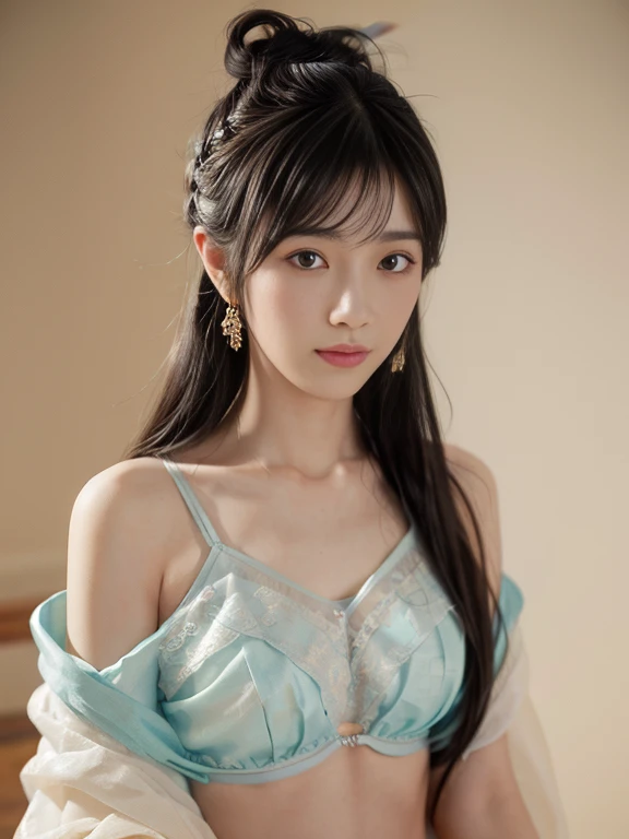 Bust photo, a beautiful woman, messy hair, girly, symmetrical bun, hair accessories, jewelry, delicate face, eye shadow, delicate cyan top, bare shoulders, navel, bare belly, Dunhuang style, a lot of streamers, delicate skin, soft light effects, delicate and smooth hair, delicate details, eye highlights, fair skin, fine portrayal, extreme details, cinematic quality, thin, slender, broken, hair details, thin bangs, shawl hair, correct body, shadows, air bangs, 8K, super detailed, Fine fabric texture, soft, supple, smooth texture, Dunhuang style, delicate pattern, correct hand painting, smile, tsurime, Surrealism, ray tracing, UHD, high details, super detail, highres, 8k, high quality, high details, textured skin, ccurate