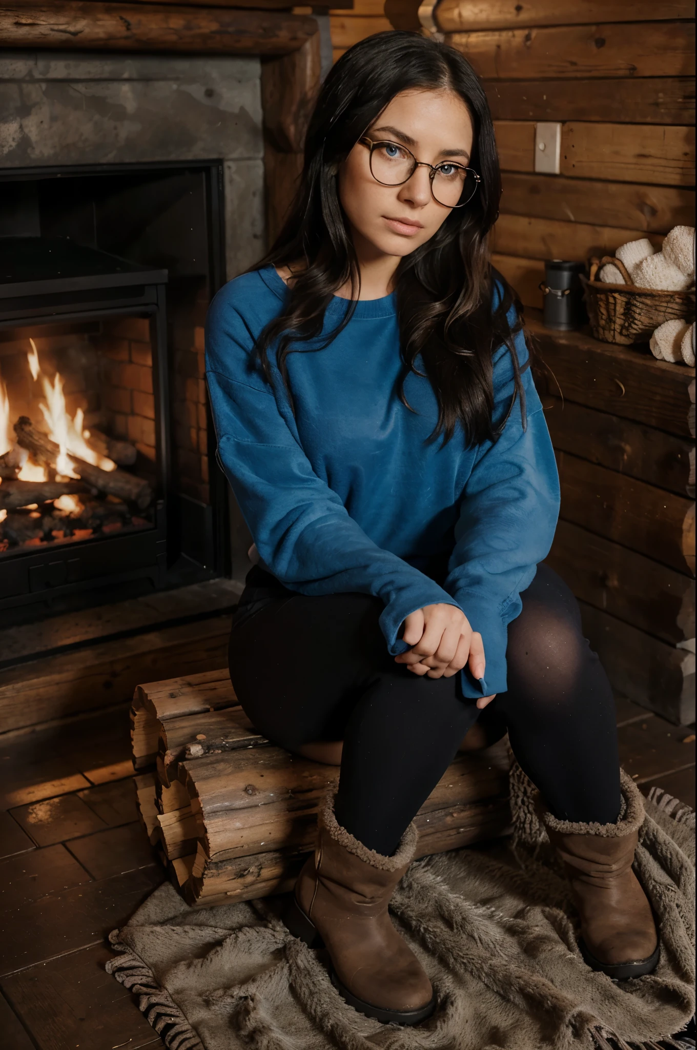 1woman, ombré black hair, beautiful blue eyes, freckled face, circle glasses, creame sweatshirt, seamless black leggings, fuzzy faux fur boots, ugg style boots, sitting on her knees, log cabin by fire place background, full body portrait, raw photo.