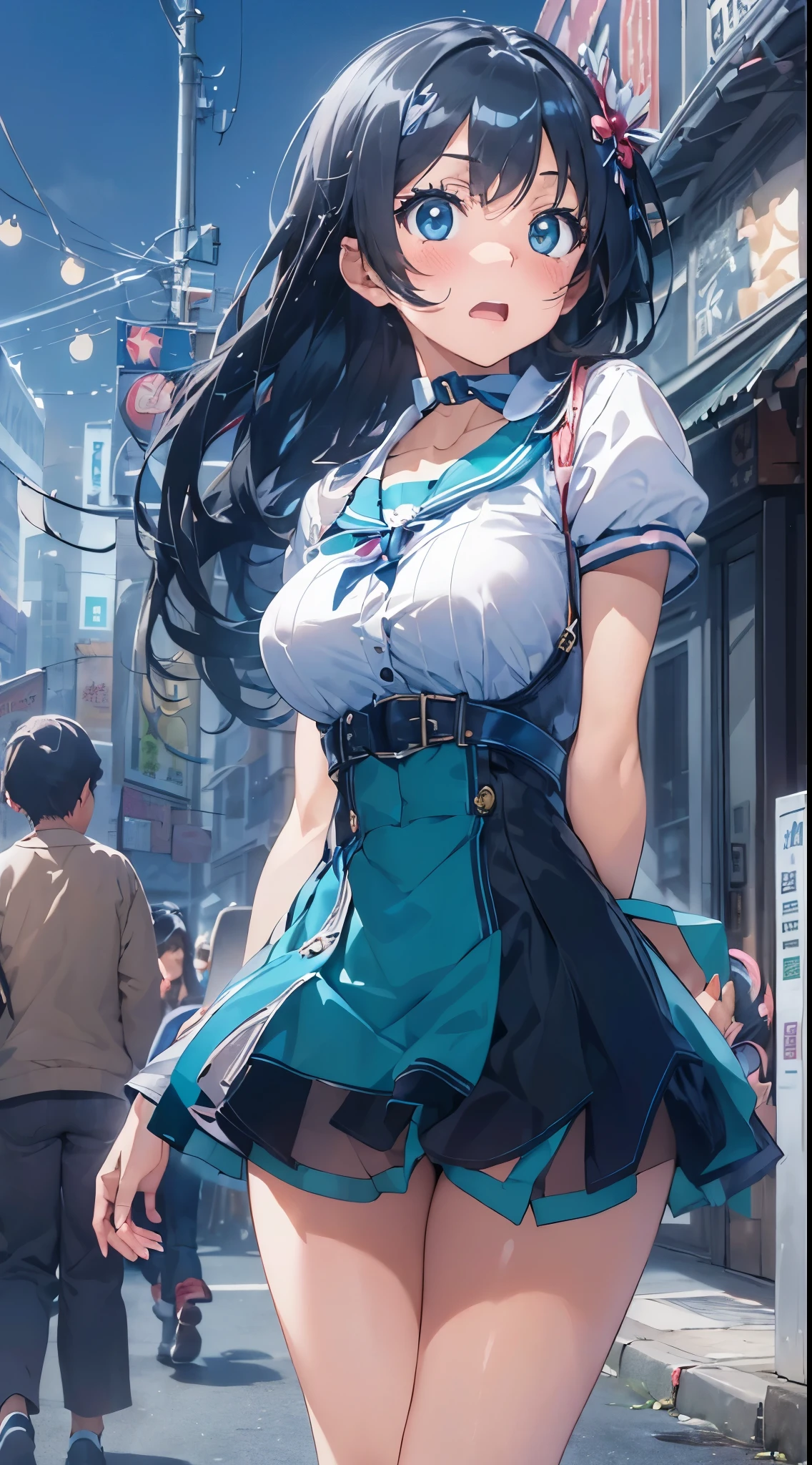 Tazune rirei, nsfw, 8k, ultra-detailed, Masterpiece, best quality, perfect lighting, aqua eyes, black hair, braid hair, pink sweater with vertical lines, black pleated skirt,
earrings, garter belt, black thigh-high socks, black platform shoes,, small handbag, 1girl, solo, looking at viewer, standing on street, portrait, bokeh, light smile, 