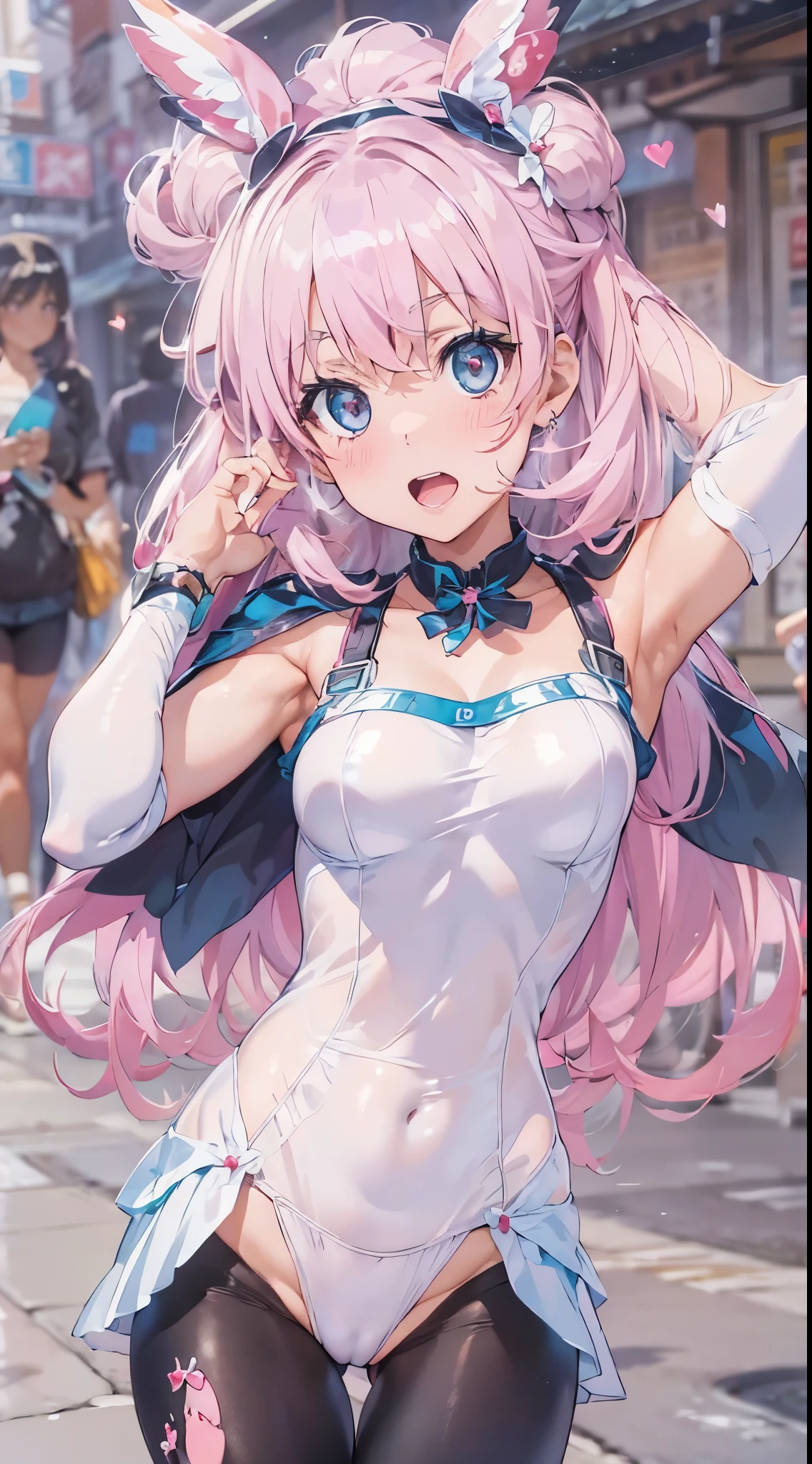 1womanl,Black hair,ar old Impatient expression)),Beautiful breasts,(((Sexy magical girl white and pink shiny bodysuit)))(())(((Blushing cheeks、Surprised look)),(((Satin Narico))),((( portlate))),we have blue eyelashes)))()Street,Crowds(magical girl hair ornament)
