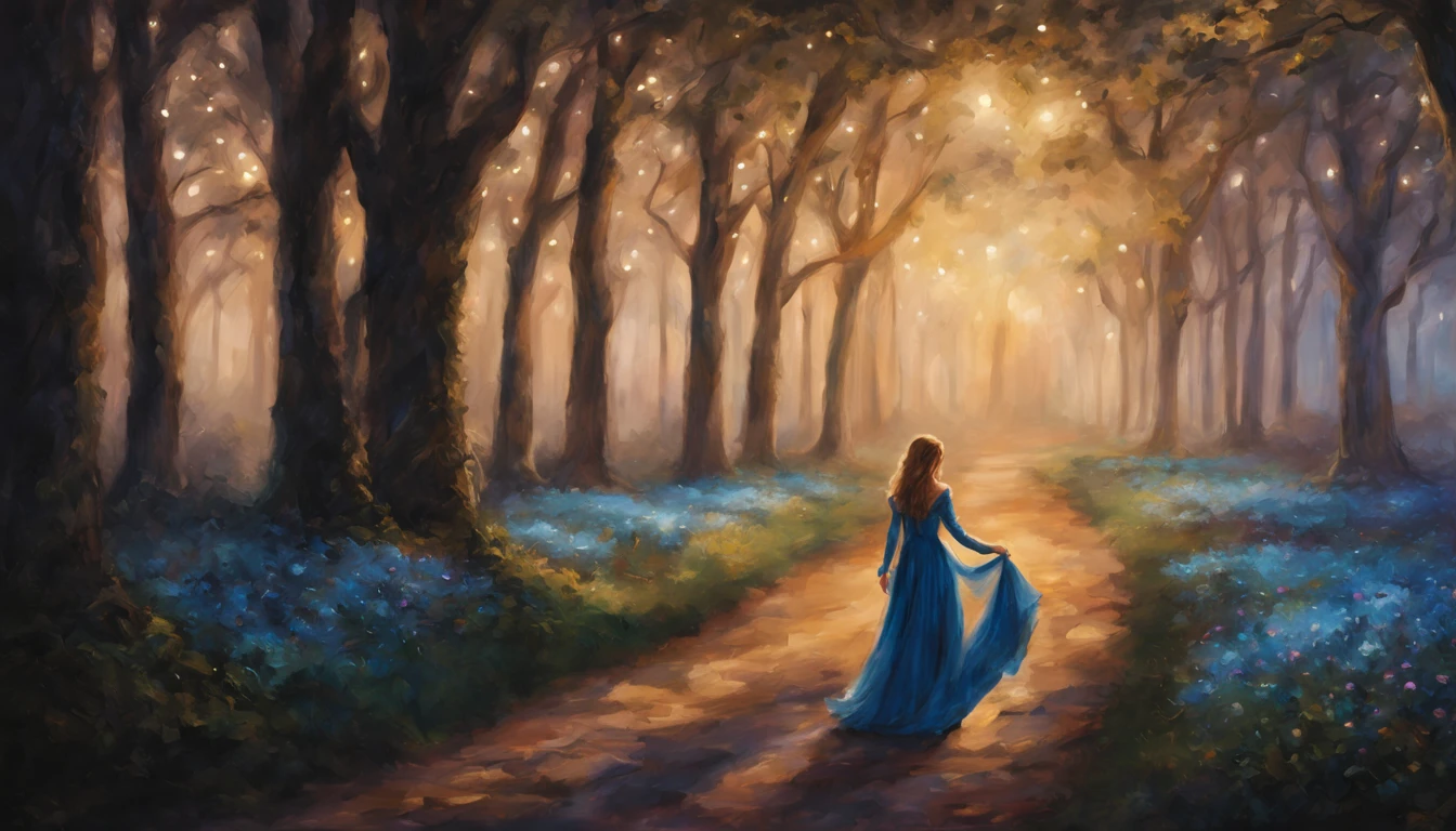 1 girl "Michelle Pfeifer com vestido Azul Celeste longo", pintura: Uma encantadora obra de arte representando uma garota vestindo seda, a view of a path with a path leading to a garden with trees and flowers, Jardim encantado, fantasy gorgeous lighting, paisagem natural noturna, enchanted magical fantasy forest, Wonderland at night, very magical and dreamy, caminho, Lovely lighting, magical ambiance, paisagem lindamente iluminada, foto muito bonita, magic lighting, belo jardim, papel de parede bonito, magical ambiance