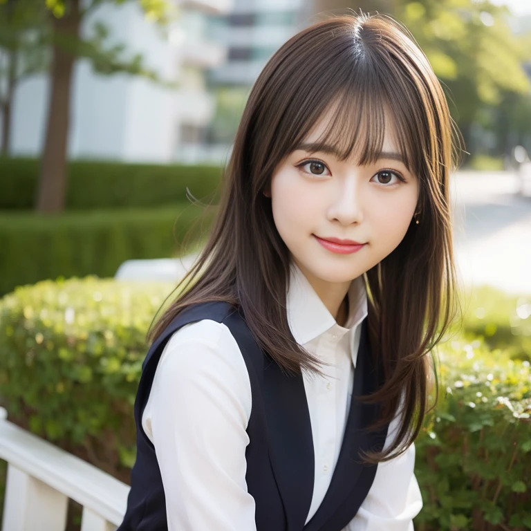 8kRaw photo,Best Quality, top-quality:1.1, ​masterpiece:1.3,超A high resolution, (Photorealistic:1.4), Raw photo, (upper thigh:1.5, From Side), natural skin textures:1.1, realistic eyes and face details:1.1, Fururi Poke:1.4), (in a suite), Girl in 1, Cute, (Solo:1.6), (Shy smile), (dark brown eyebrows medium hair,Bangs), (touch hair:1.4),nogizaka,a park,Suit Lebodies Bian、:1.4、Officelady:1.2