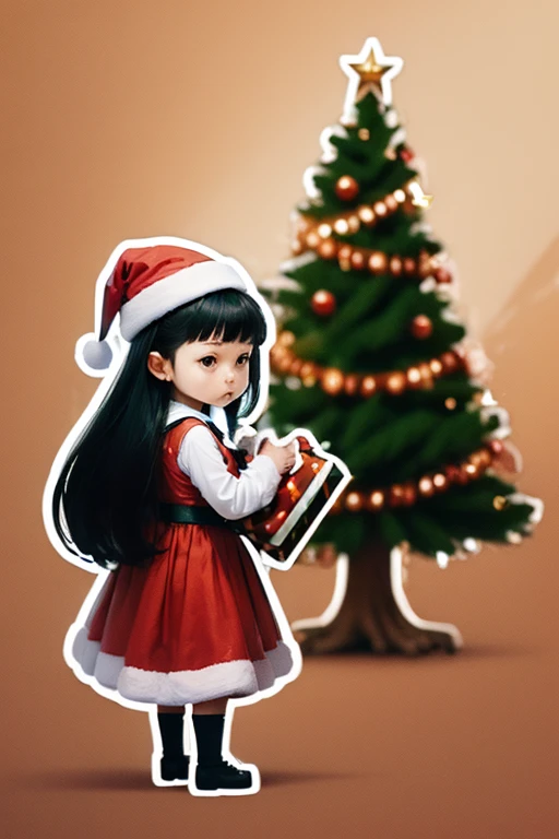 Sticker design, 1girl, Christmas hat, Christmas tree, (by Qi Baishi), enhance, intricate, (masterpiece, Representative work, official art, Professional, unity 8k wallpaper:1.3)