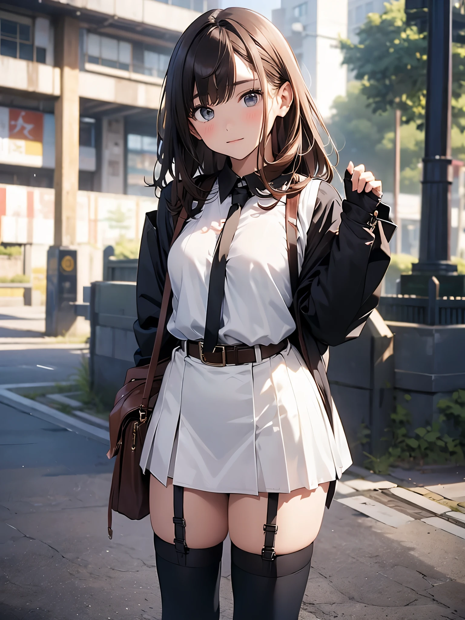 Best quality, high resolution, Unity 8k壁纸, (illustration:0.8), Perfect lighting, extremaly detailed cg, (Perfect hands, Perfect anatomy),masutepiece, Best quality, A high resolution, NFFSW, Short hair, hair pin, Large breasts, gray sweaters, Black sailor collar, yellow neckerchief, Black skirt, standing, Cowboy shot, Outdoors、A smile、、(Skirt lift:1.3), (Black panties:1.3)、(Rolled up skirt:1.3)、(Fully exposed panties:1.5)、Red blush、embarrassed from、cleavage,sexyposture,Cocked buttocks,Lace,navel,suspender stockings,leg wide open,M legs,