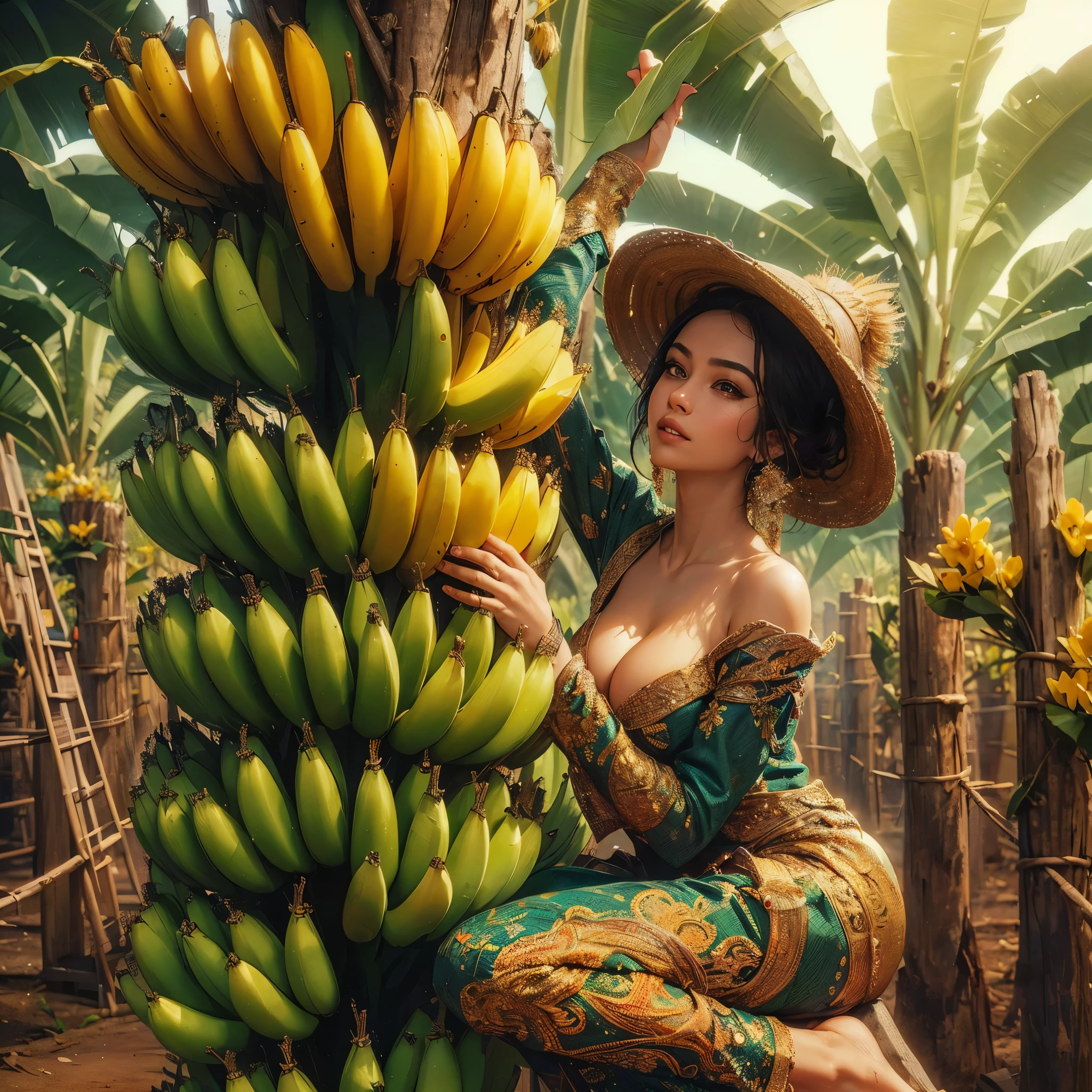 there is a woman with large breast sitting on a banana tree with a hat on, banana trees, beautiful digital artwork, bananas, inspired by Rudy Siswanto, inspired by Hedi Xandt, banana, by Galen Dara, with beautiful exotic, photo manipulation, organic 8k artistic photography, banana color, karol bak uhd, tropical mood, traditional beauty, tropical vibe, masterpiece, best quality:1.2),,(8k,highres,RAW photo,realistic,photo-realistic:1.3),(detailed skin texture,detailed cloth texture,beautiful detailed face:1.25),professional lighting,photon mapping,beautiful soft light,radiosity,physically-based rendering,raytracing, model shoot style, model shoot style, (extremely detailed CG unity 8k wallpaper), full shot body photo of the most beautiful artwork in the world,