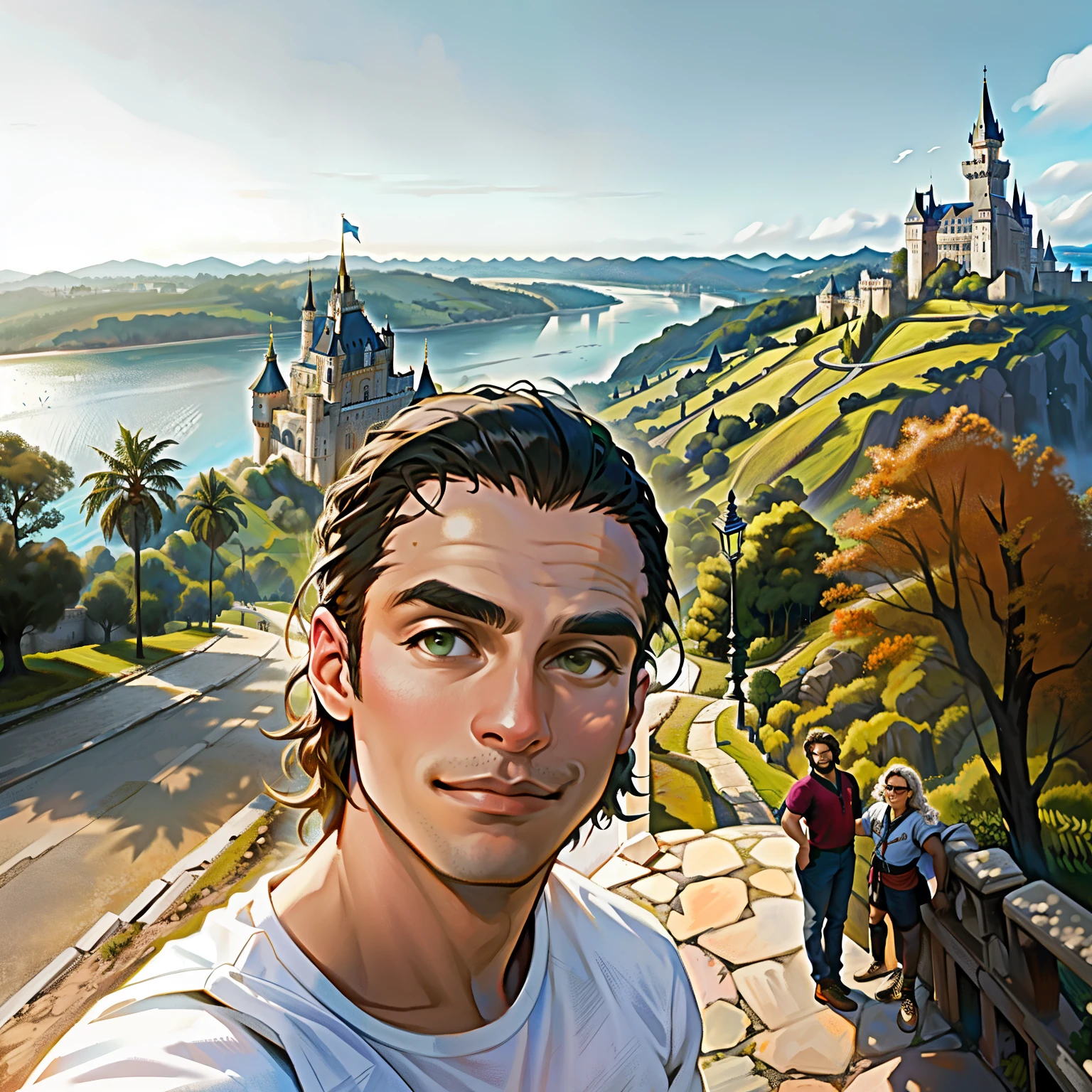 Homem de Arafed  fisico atletico tirando (olhar magnetico) uma selfie  em frente a um castelo, with a Castelo no fundo, iluminado pelo sol dourado,  ( Castelo no fundo ), standing near a castle, Castelo no fundo, with castle in the distance, com uma cidade em segundo plano, Michal, com um parque ao fundo, Castelo no fundo, com montanhas ao fundo, caio santos