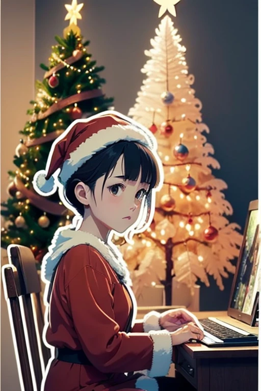 Sticker design, 1girl, Christmas hat, Christmas tree, (Studio Ghibli Style, Ghibli color, Miyazaki Hayao style), enhance, intricate, (masterpiece, Representative work, official art, Professional, unity 8k wallpaper:1.3)