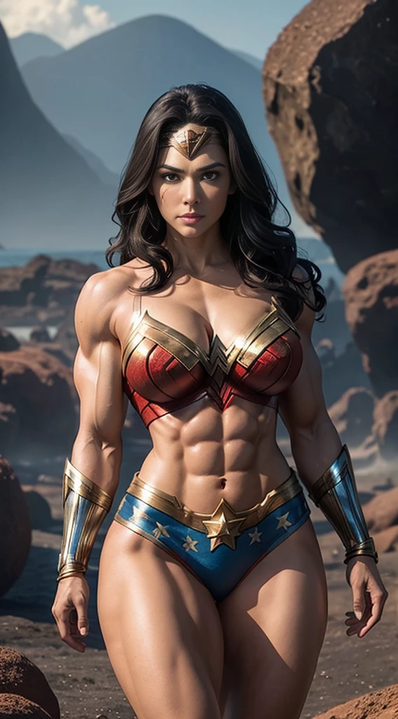 Super strong busty muscular beautiful Wonder Woman, strong tonned abs, strong huge biceps, enormous huge round firm breasts, movie scene, hypermuscular bursting in strength, realistic human female proportions, exposed abs, bodybuilder, lava background