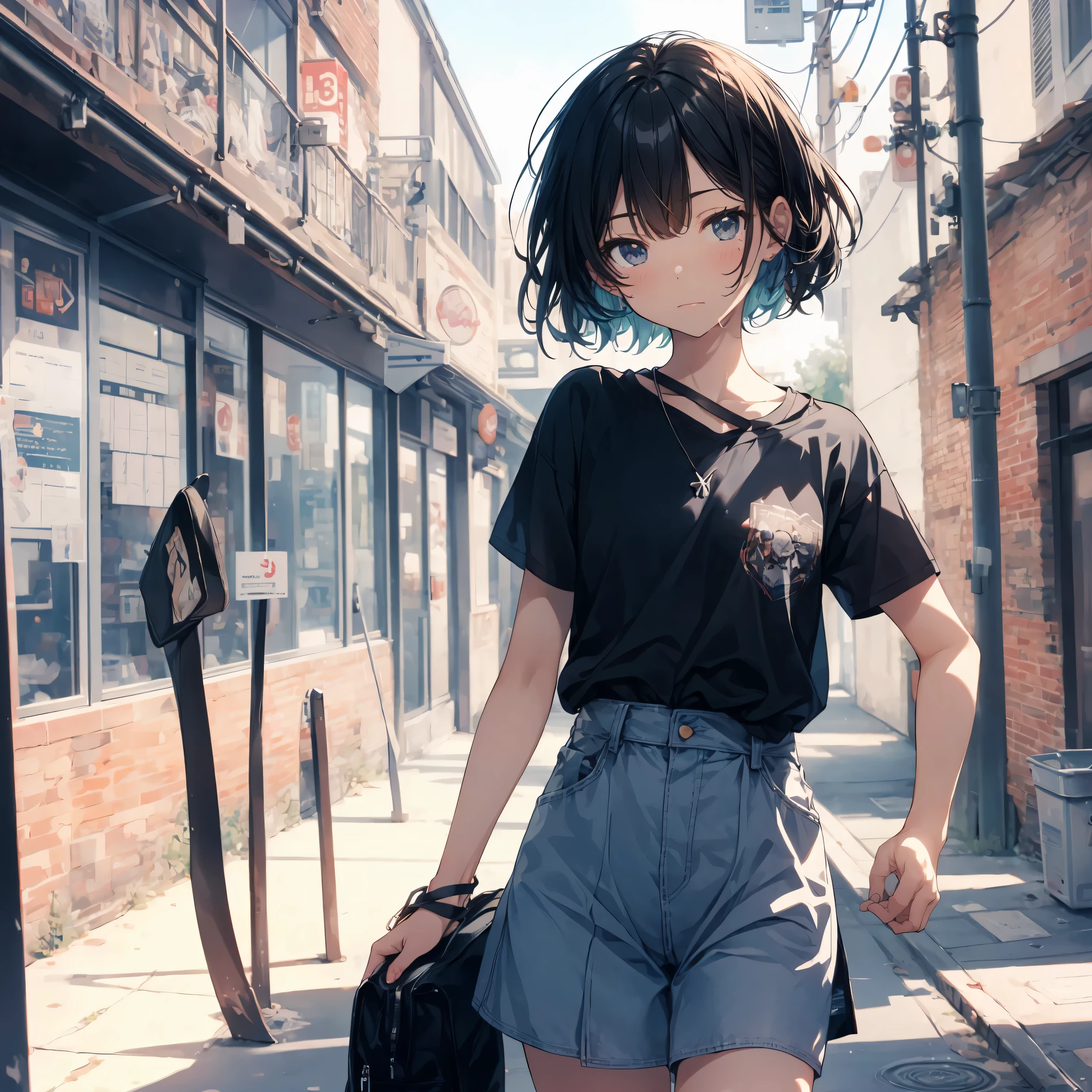 Super high quality by the art god, Ultra-detailed, High resolution, ilya kuvshinov style, anime moe art style, best anime 8K konachan wallpaper, Pixiv Contest Winner, Perfect Anatomy, BREAK,(Please draw a sleepy girl going to school alone.. ),BREAK,a hyperrealistic schoolgirl, (Solo,Lori,,13yea:1.3),Full limbs, complete fingers,a junior gynous attraction, (Very short hair), hair messy, flat chest, Small butt, groin, Small eyes,Beautiful detailed black eyes, Well-proportioned iris and pupils, disgusted eye, High resolution detailed hair, School uniform, Skirt, On the way to school. BREAK,Ultra-detailed細なスキン, Best lighting by famous artists, 8K,Cute illustration,