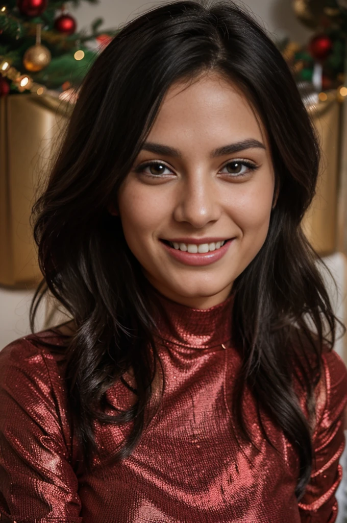 28 years old Italian model, black hairs, mujer , smiling, wearing merry Christmas dress.