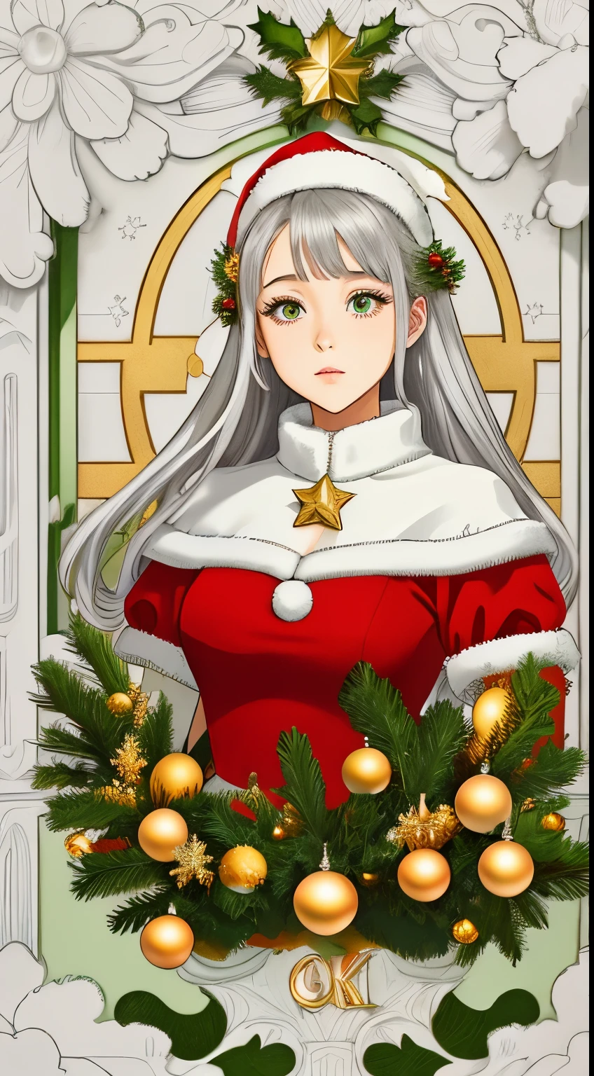 official art, 8k unit wallpaper, ultra detailed, beautiful and aesthetic, high quality, beautiful, masterpiece, best quality (christmas theme), symmetrical, symmetrical, a Christmas landscape, a beautiful girl, looking into your eyes, fibonacci, golden ratio. Supplemental color: white, green, red, silver, gold