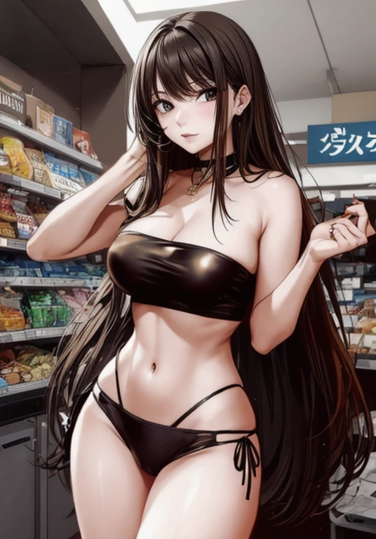 A beautiful adult woman with long, shoulder-length hair, big breasts, beautiful legs, and a sharp face is wearing a black tube top that exposes her navel and hot pants that look like black panties, with her legs spread apart, and an elderly male clerk at the supermarket. standing facing each other。