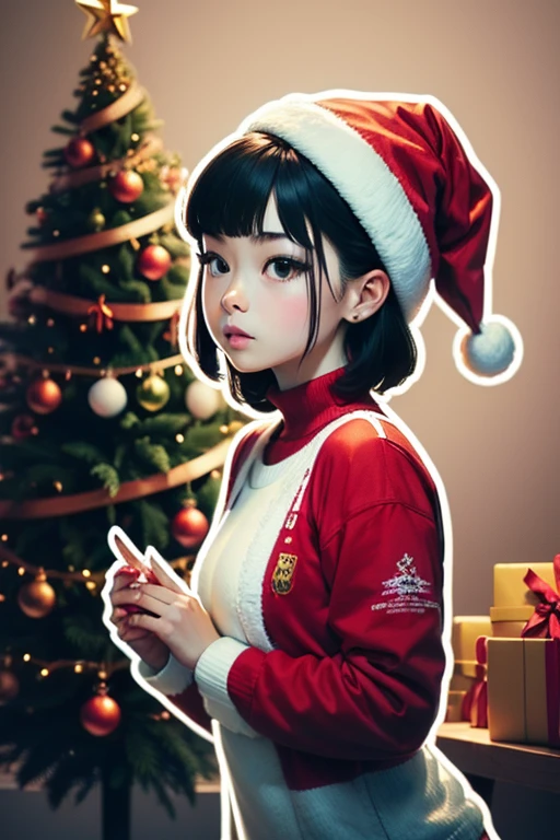 Sticker design, 1girl, Christmas hat, Christmas tree, (by Satoshi Kon), enhance, intricate, (masterpiece, Representative work, official art, Professional, unity 8k wallpaper:1.3)