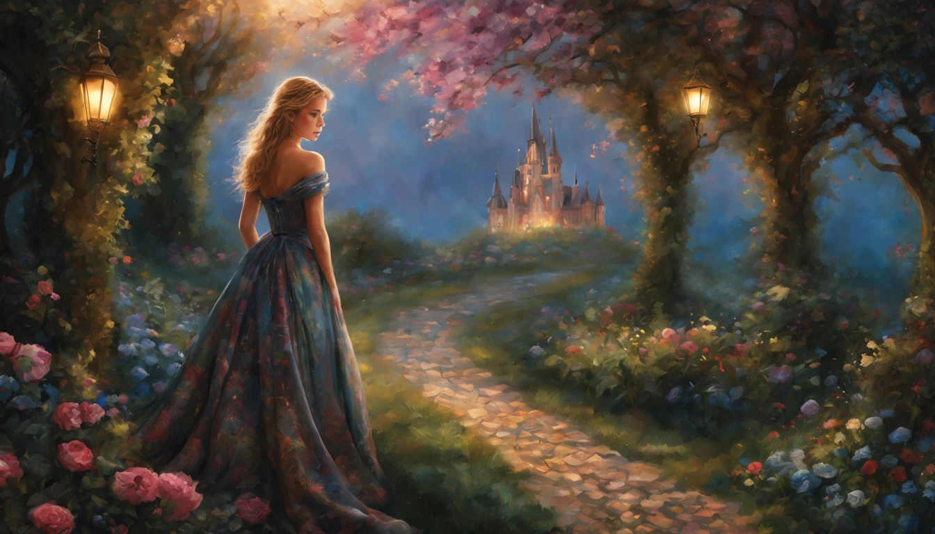 1 girl "Michelle Pfeifer com vestido Azul Celeste longo", pintura: Uma encantadora obra de arte representando uma garota vestindo seda, a view of a path with a path leading to a garden with trees and flowers, Jardim encantado, fantasy gorgeous lighting, paisagem natural noturna, enchanted magical fantasy forest, Wonderland at night, very magical and dreamy, caminho, Lovely lighting, magical ambiance, paisagem lindamente iluminada, foto muito bonita, magic lighting, belo jardim, papel de parede bonito, magical ambiance