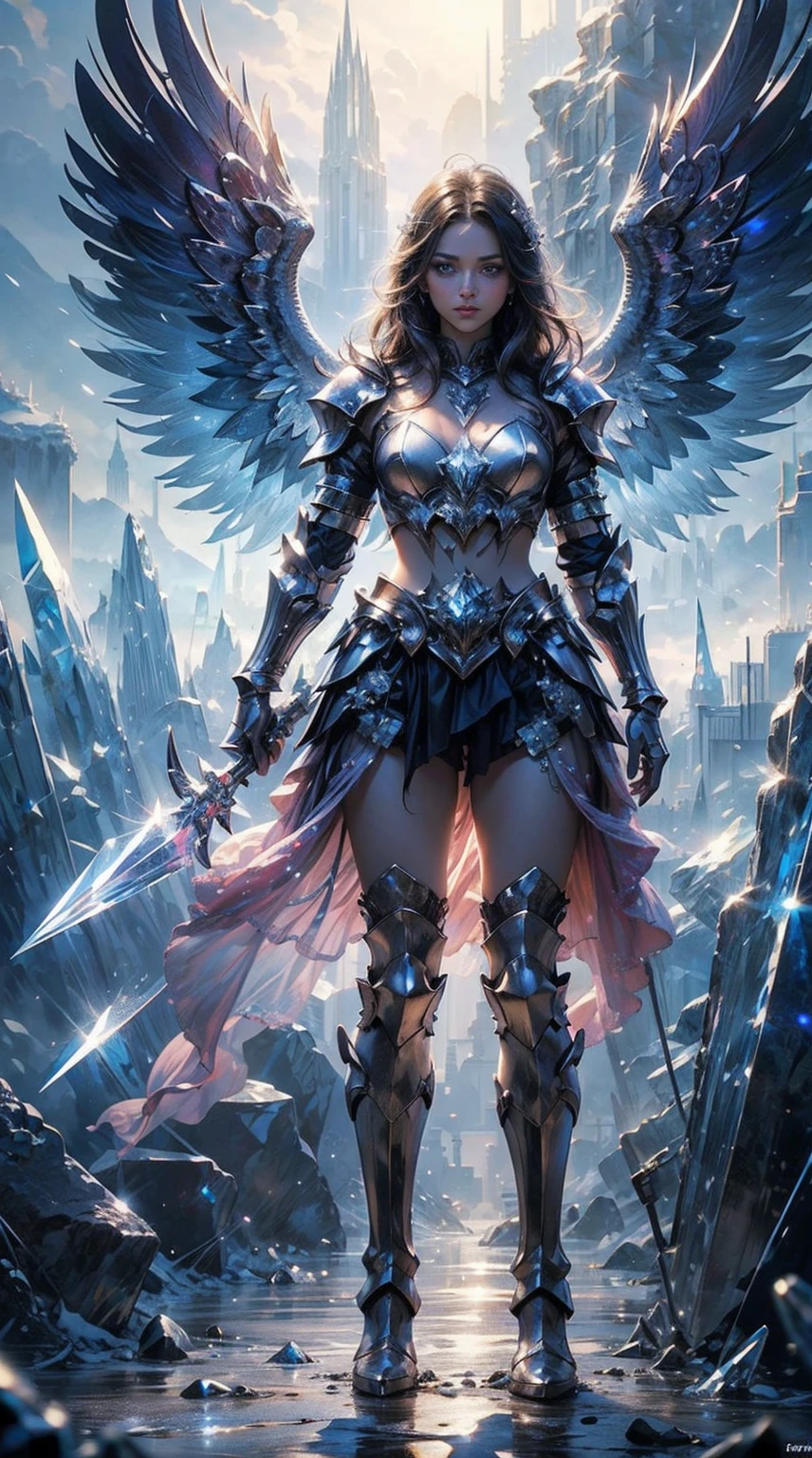 Girl in crystal Armor, crystal wings, crystal high boots, multi colour eyes, front view, vibrant colours, super detailed Armor, super detailed eyes, ultra detailed, wings, 14k, masterpiece, high resolution, super ultra colour detail, hyper detailed, HD,