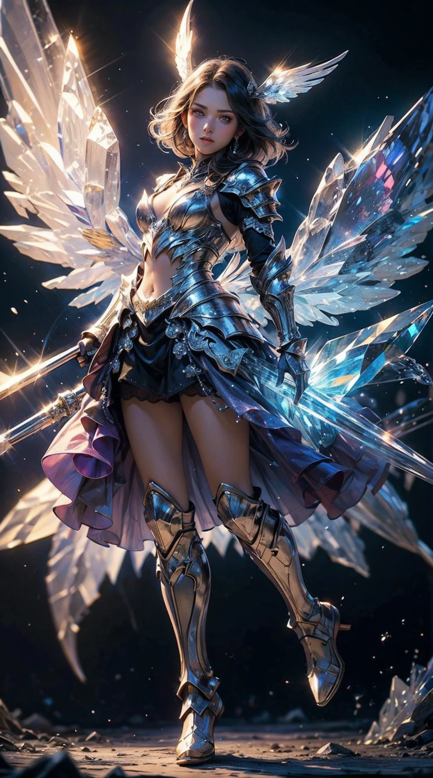 Girl in crystal Armor, crystal wings, crystal high boots, multi colour eyes, front view, vibrant colours, super detailed Armor, super detailed eyes, ultra detailed, wings, 14k, masterpiece, high resolution, super ultra colour detail, hyper detailed, HD,