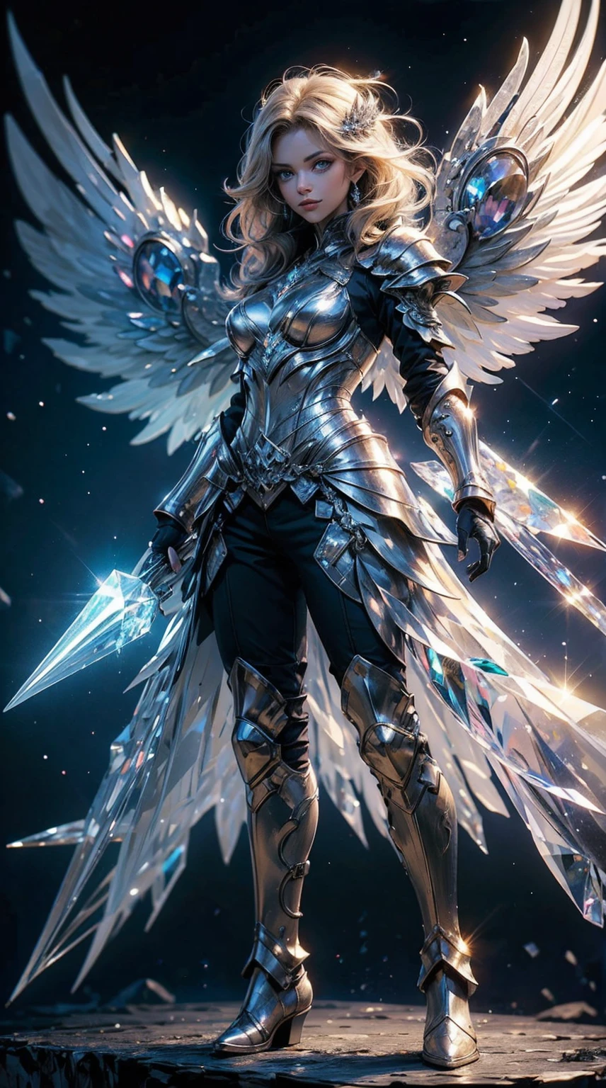 Girl in crystal Armor, crystal wings, crystal high boots, multi colour eyes, front view, vibrant colours, super detailed Armor, super detailed eyes, ultra detailed, wings, 14k, masterpiece, high resolution, super ultra colour detail, hyper detailed, HD,