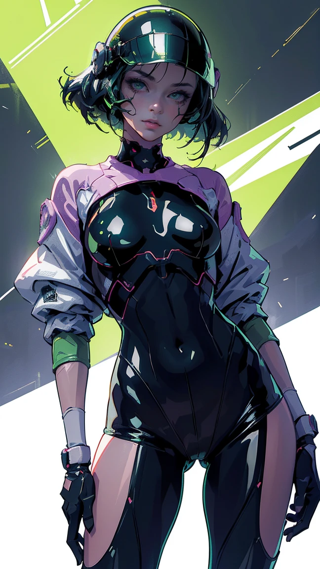 Highest image quality, outstanding details, ultra-high resolution, (realism: 1.4), the best illustration, favor details, highly condensed 1girl, with a delicate and beautiful face, dressed in a black and green mecha, wearing a mecha helmet, holding a directional controller, riding on a motorcycle, the background is a high-tech lighting scene of the future city.