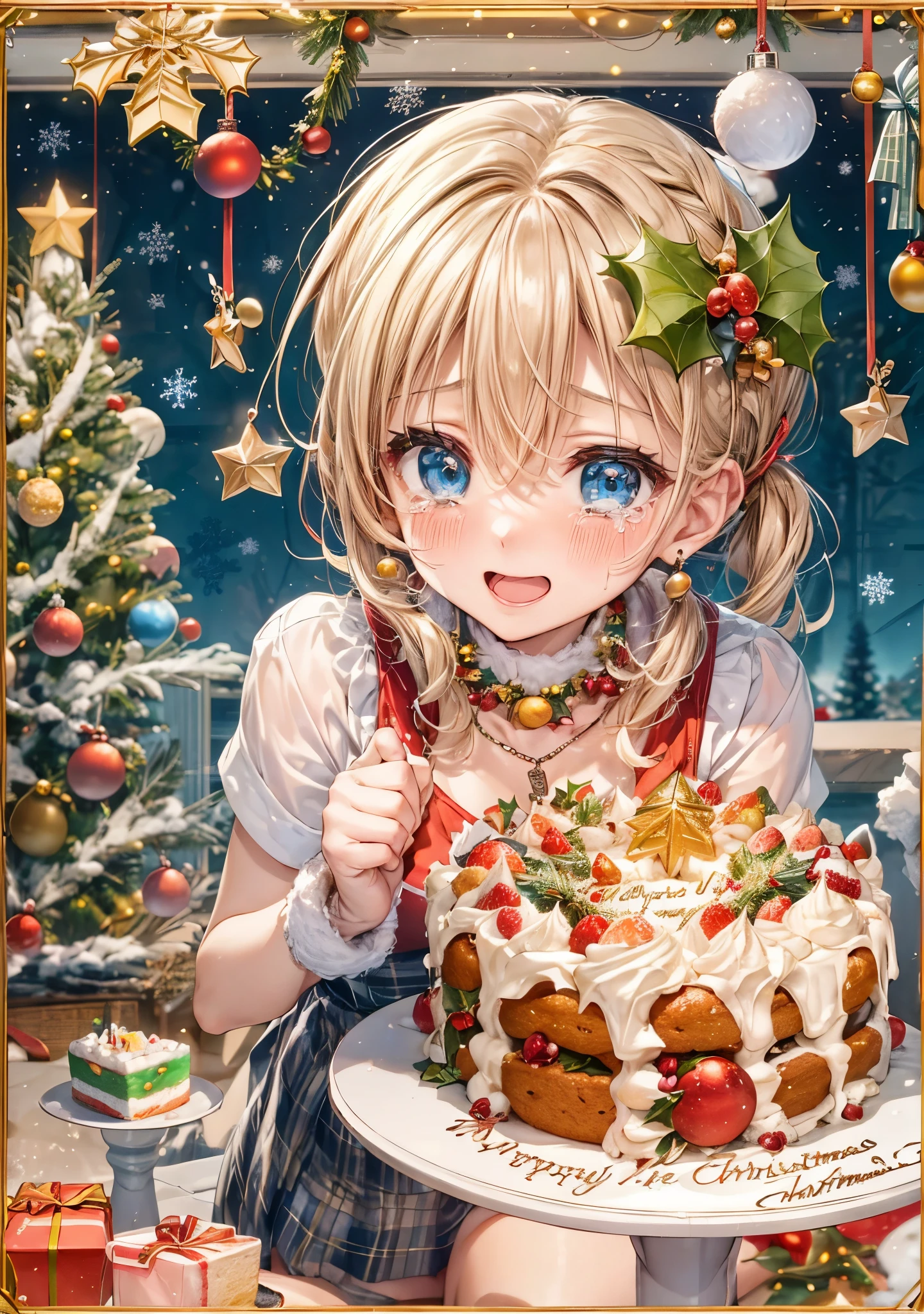 absurderes, ultra-detailliert,bright colour, Short hair,(Blonde hair with fluffy short twintails:1.2)Shiny hair,(celebration cake:1.3),(Large bouquet:1.4),(Crying with joy:1.3),(Christmas tree:1.3),(Christmas Decorations:1.3),Delicate beautiful face, red blush、(Deep Blue Eyes:1.3), White skin, hair clips, earrings, a necklace,There&#39;What I really want for Christmas this year,bright red, Not a diamond wrapped in a bong,you gave me the most important thing,In front of the fir tree and fireplace,Small cakes,Light a candle,Merry Christmas spent just the two of us,before I met you, I swore I would never fall in love again.,The feeling of believing will someday be covered with a black core,Santa Claus in a dream,I pray to God,Please give me someone more important than glitter,So that I can always overcome deep sadness with you.,Light a candle2人だけで祈るMerry Christmas,