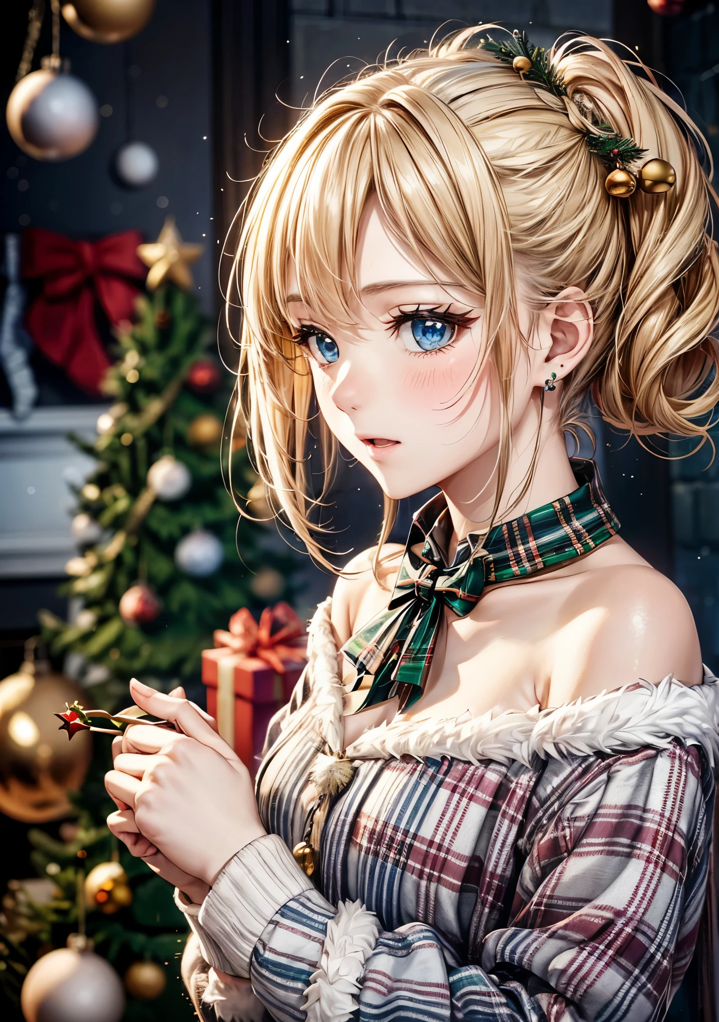absurderes, ultra-detailliert,bright colour, Short hair,(Blonde hair with fluffy short twintails:1.2)Shiny hair,(embarassed face:1.3),(Christmas tree:1.3),(Christmas Decorations:1.3),Delicate beautiful face, red blush、(Deep Blue Eyes:1.3), White skin, hair clips, earrings, a necklace,There&#39;What I really want for Christmas this year,bright red, Not a diamond wrapped in a bong,you gave me the most important thing,In front of the fir tree and fireplace,Small cakes,Light a candle,Merry Christmas alone,before I met you, I swore I would never fall in love again.,The feeling of believing will someday be covered with a black core,Santa Claus in a dream,I pray to God,Please give me someone more important than glitter,So that I can always overcome deep sadness with you.,Light a candle,Merry Christmas praying alone,