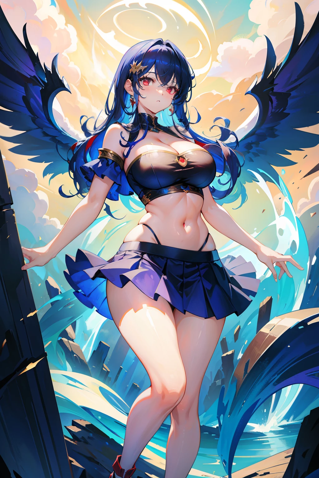 (masterpiece), best quality, expressive eyes, perfect face, ultra detailed, full body, epic fantasy background, dark angel wings, red eyes, blue hair, thicc thighs, very low-cut skirt, cleavage, stretch marks, medium boobs, very tight, strapless short top, long curly hair, completely exposed belly,